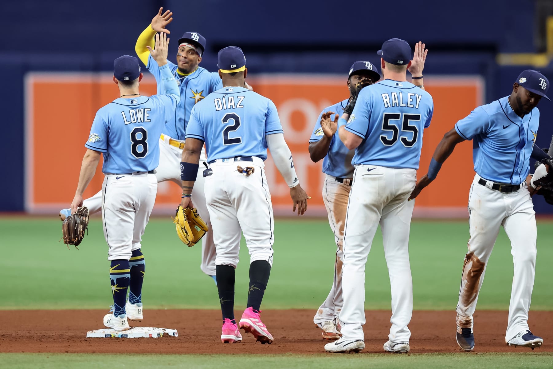 ST. PETERSBURG, FL - APRIL 10: Members of the Tampa Bay Rays celebrate a win over the Boston Red Sox in a baseball game at Tropicana Field on April 10, 2023 in St. Petersburg, Florida. (Photo by Mike Carlson/Getty Images)