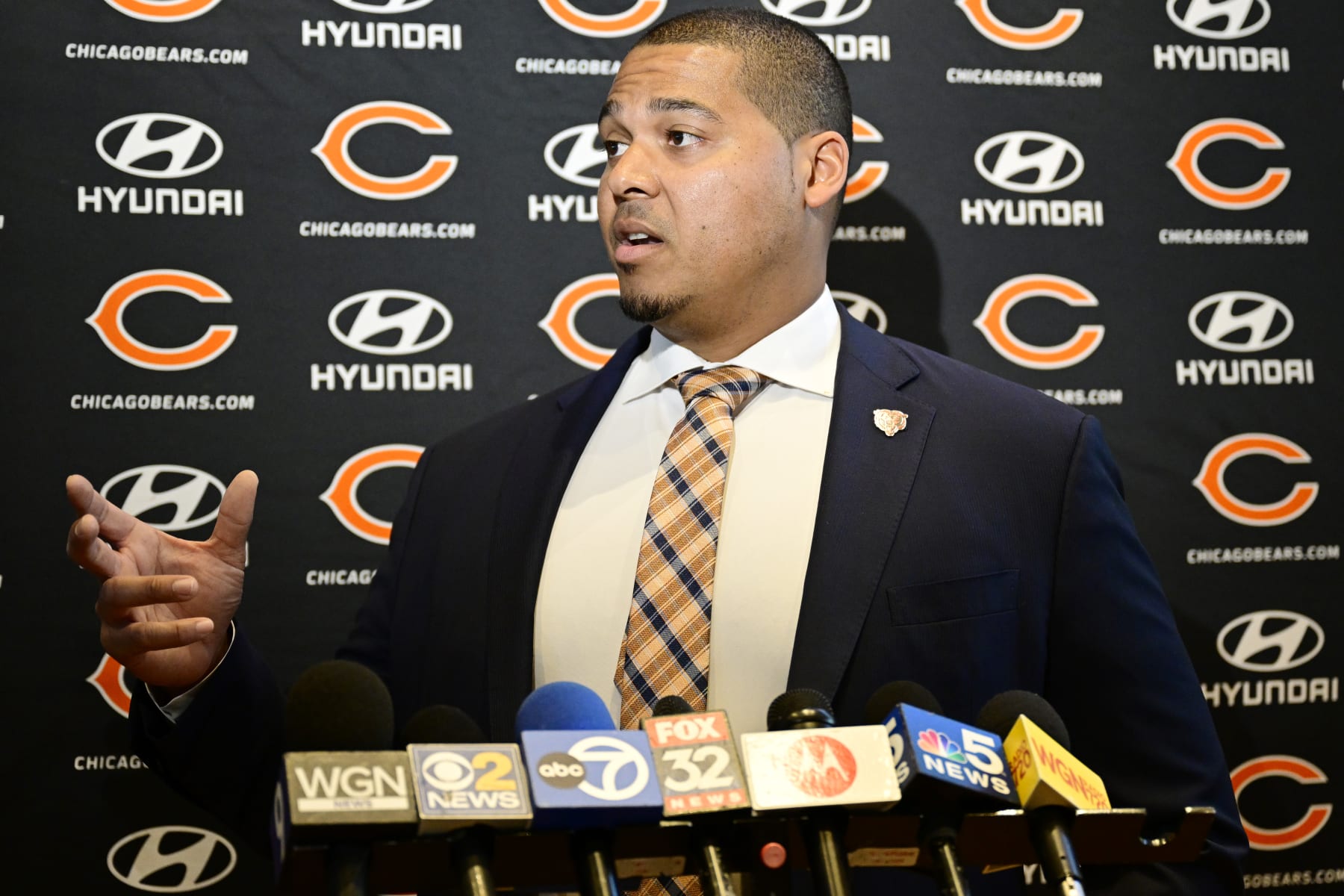 LAKE FOREST, ILLINOIS - JANUARY 17: General manager Ryan Poles of the Chicago Bears addresses questions after Kevin Warren was introduced as Chicago Bears president and CEO at Halas Hall on January 17, 2023 in Lake Forest, Illinois. (Photo by Quinn Harris/Getty Images)