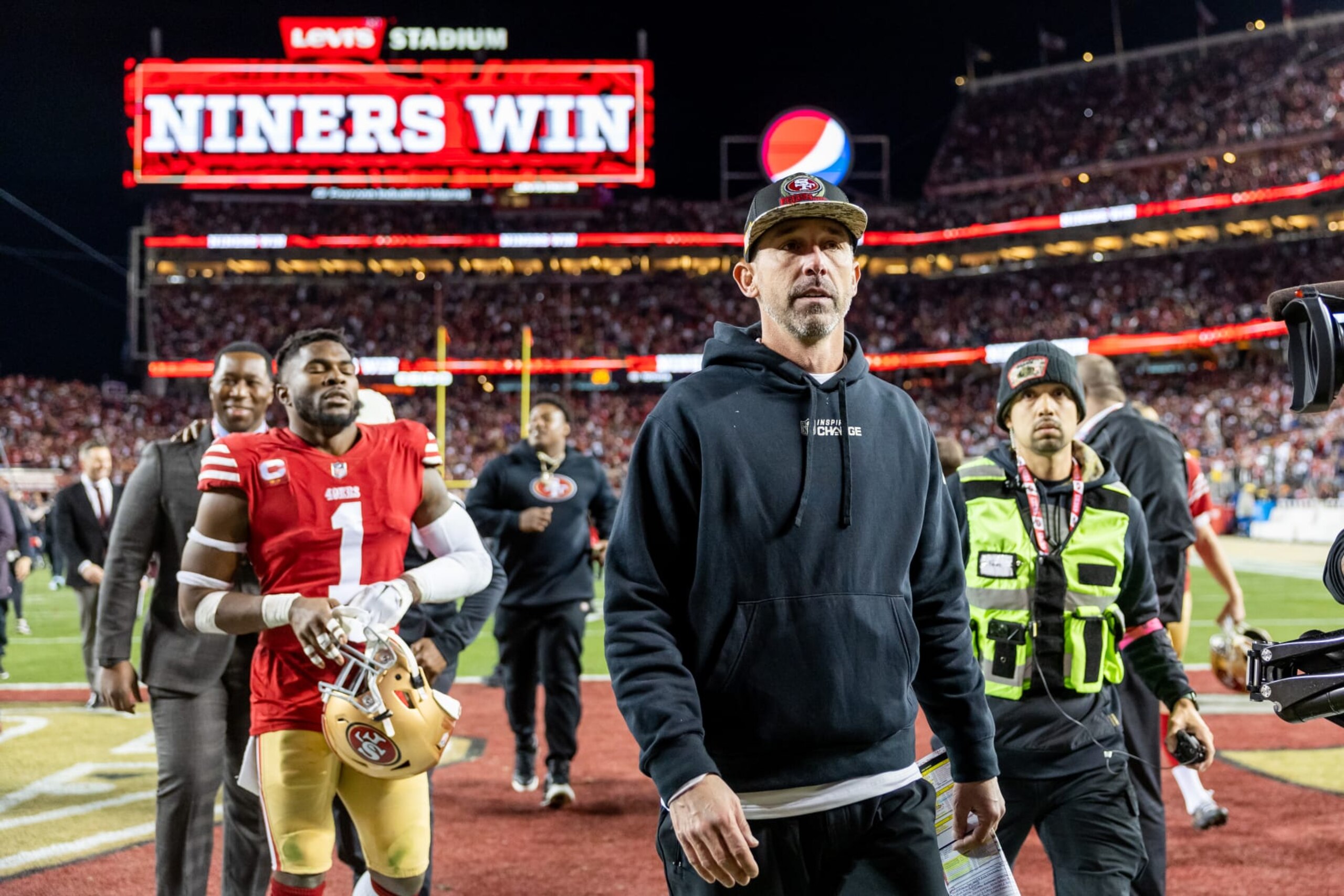 SANTA CLARA, CA - JANUARY 22: San Francisco head coach Kyle Shanahan walks off the field after winning the NFL NFC Divisional Playoff game between the Dallas Cowboys and San Francisco 49ers on January 22, 2023 at Levis Stadium in Santa Clara, CA. (Photo by Bob Kupbens/Icon Sportswire via Getty Images) SANTA CLARA, CA - JANUARY 22: San Francisco head coach Kyle Shanahan walks off the field after winning the NFL NFC Divisional Playoff game between the Dallas Cowboys and San Francisco 49ers on January 22, 2023 at Levis Stadium in Santa Clara, CA. (Photo by Bob Kupbens/Icon Sportswire via Getty Images)