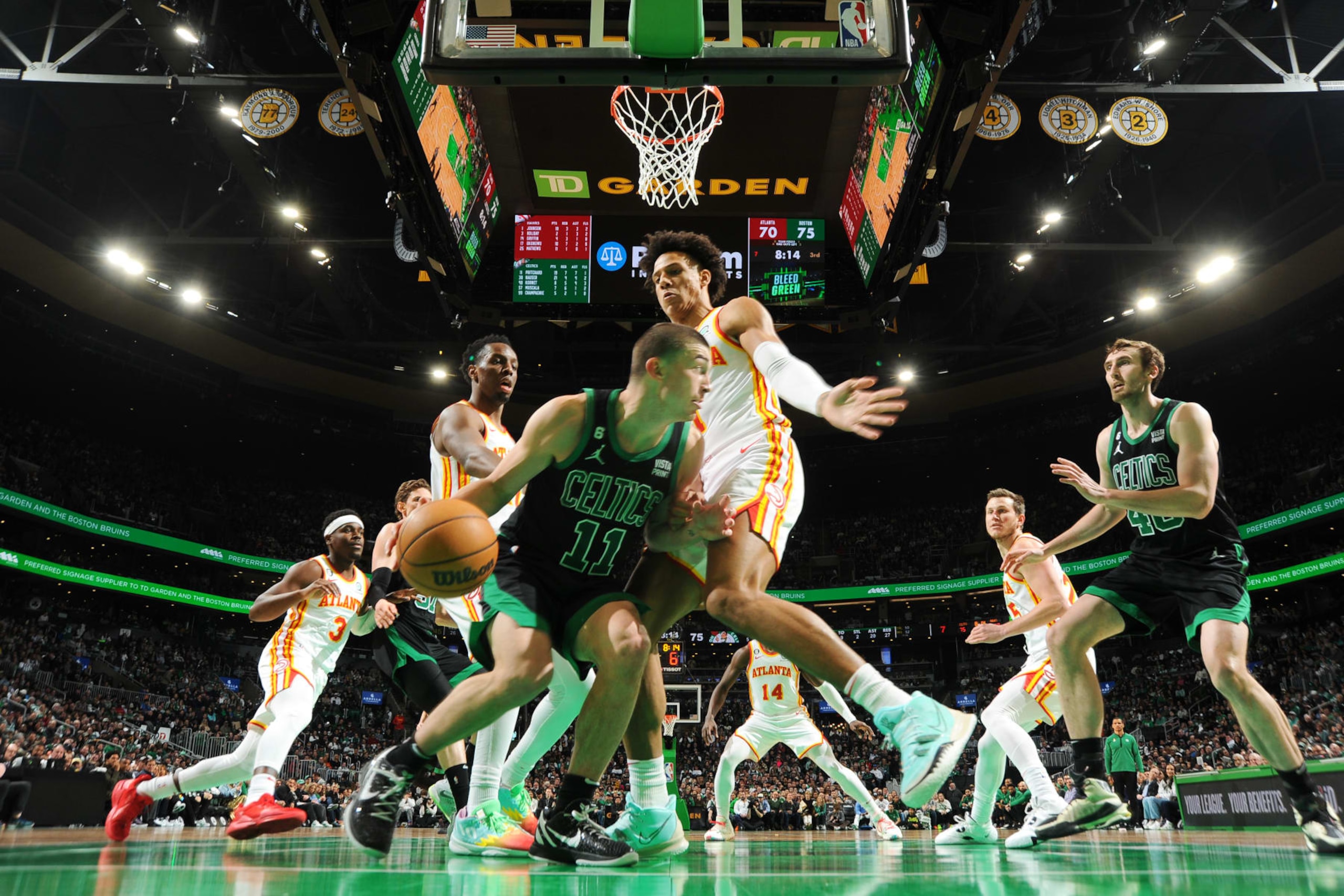BOSTON, MA - APRIL 9: Payton Pritchard #11 of the Boston Celtics dribbles the ball during the game against the Atlanta Hawks on April 9, 2023 at the TD Garden in Boston, Massachusetts. NOTE TO USER: User expressly acknowledges and agrees that, by downloading and or using this photograph, User is consenting to the terms and conditions of the Getty Images License Agreement. Mandatory Copyright Notice: Copyright 2023 NBAE  (Photo by Brian Babineau/NBAE via Getty Images)