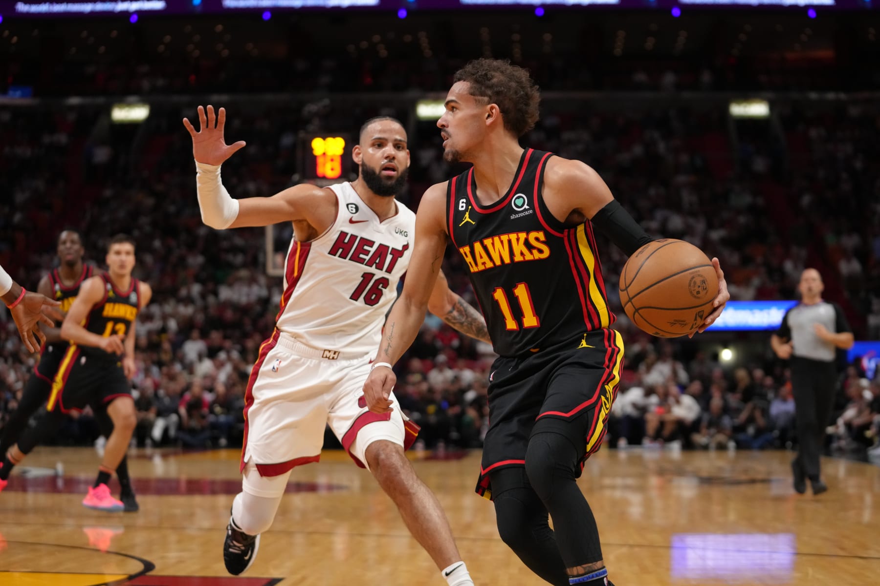 MIAMI, FL - APRIL 11: Trae Young #11 of the Atlanta Hawks handles the ball during the 2023 Play-In Tournament against the Miami Heat on April 11, 2023 at Kaseya Center in Miami, Florida. NOTE TO USER: User expressly acknowledges and agrees that, by downloading and or using this Photograph, user is consenting to the terms and conditions of the Getty Images License Agreement. Mandatory Copyright Notice: Copyright 2023 NBAE (Photo by Eric Espada/NBAE via Getty Images)