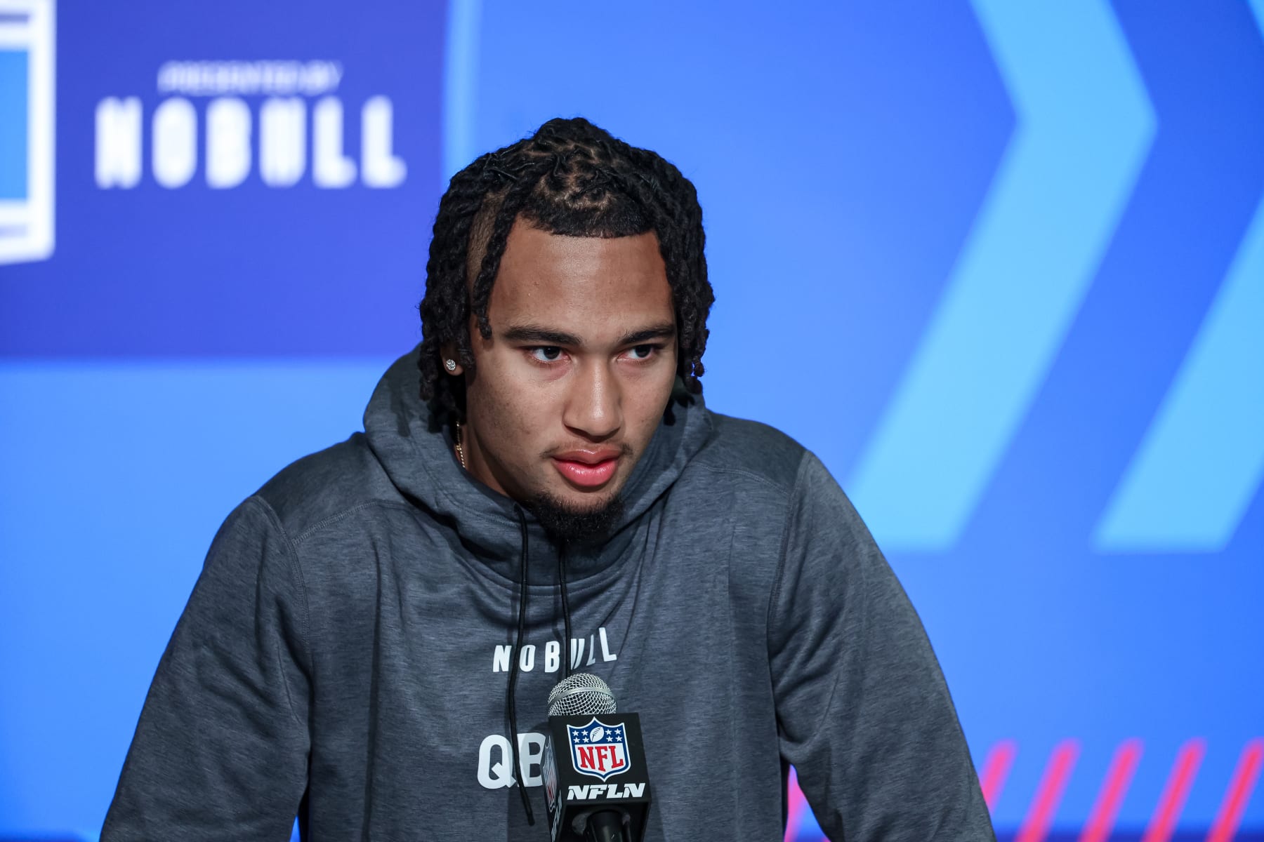 INDIANAPOLIS, IN - MARCH 03: Quarterback CJ Stroud of Ohio State speaks to the media during the NFL Combine at Lucas Oil Stadium on March 3, 2023 in Indianapolis, Indiana. (Photo by Michael Hickey/Getty Images)