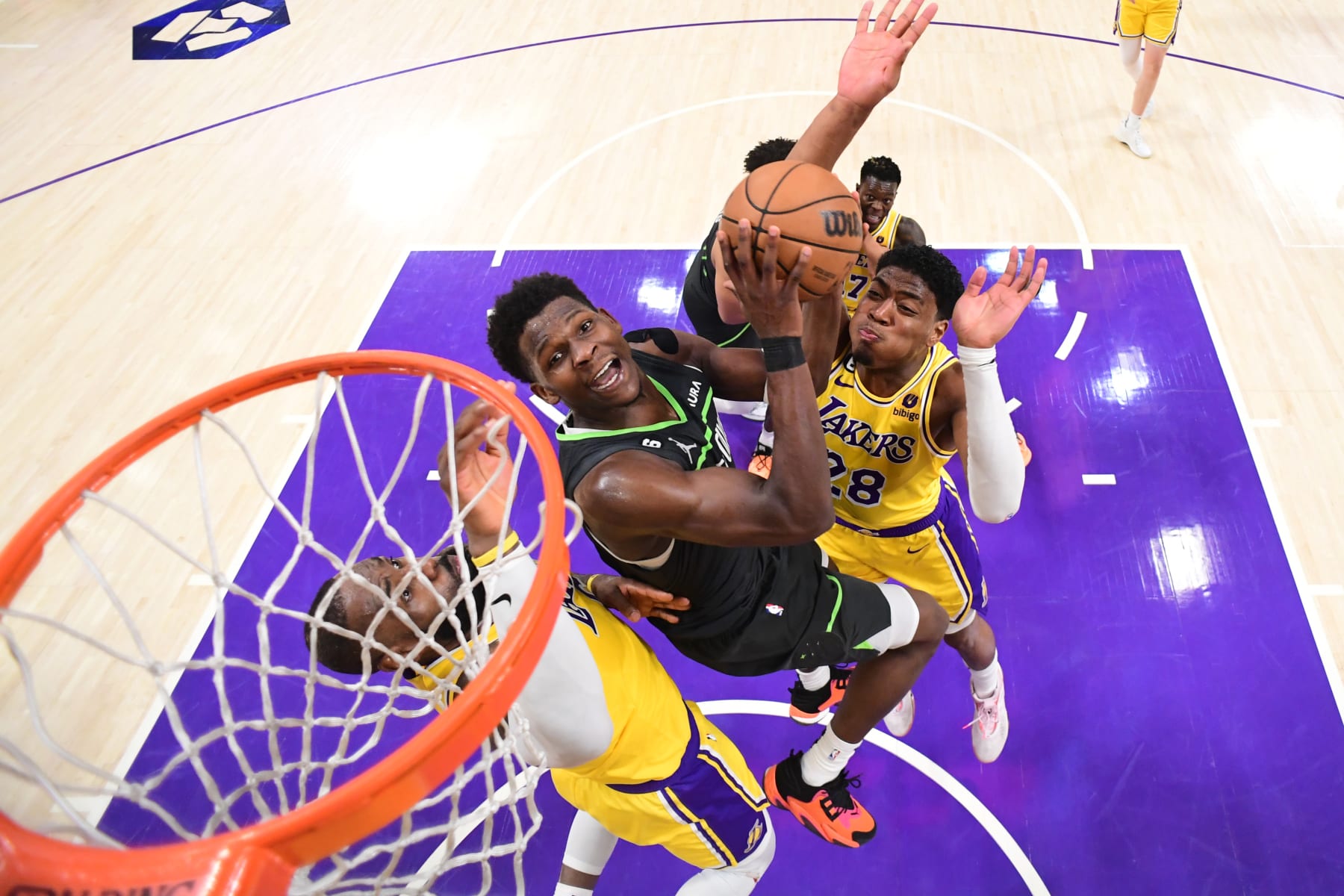 LOS ANGELES, CA - APRIL 11: Anthony Edwards #1 of the Minnesota Timberwolves drives to the basket during the game against the Los Angeles Lakers during the 2023 Play-In Tournament on April 11, 2023 at Crypto.Com Arena in Los Angeles, California. NOTE TO USER: User expressly acknowledges and agrees that, by downloading and/or using this Photograph, user is consenting to the terms and conditions of the Getty Images License Agreement. Mandatory Copyright Notice: Copyright 2023 NBAE (Photo by Adam Pantozzi/NBAE via Getty Images)