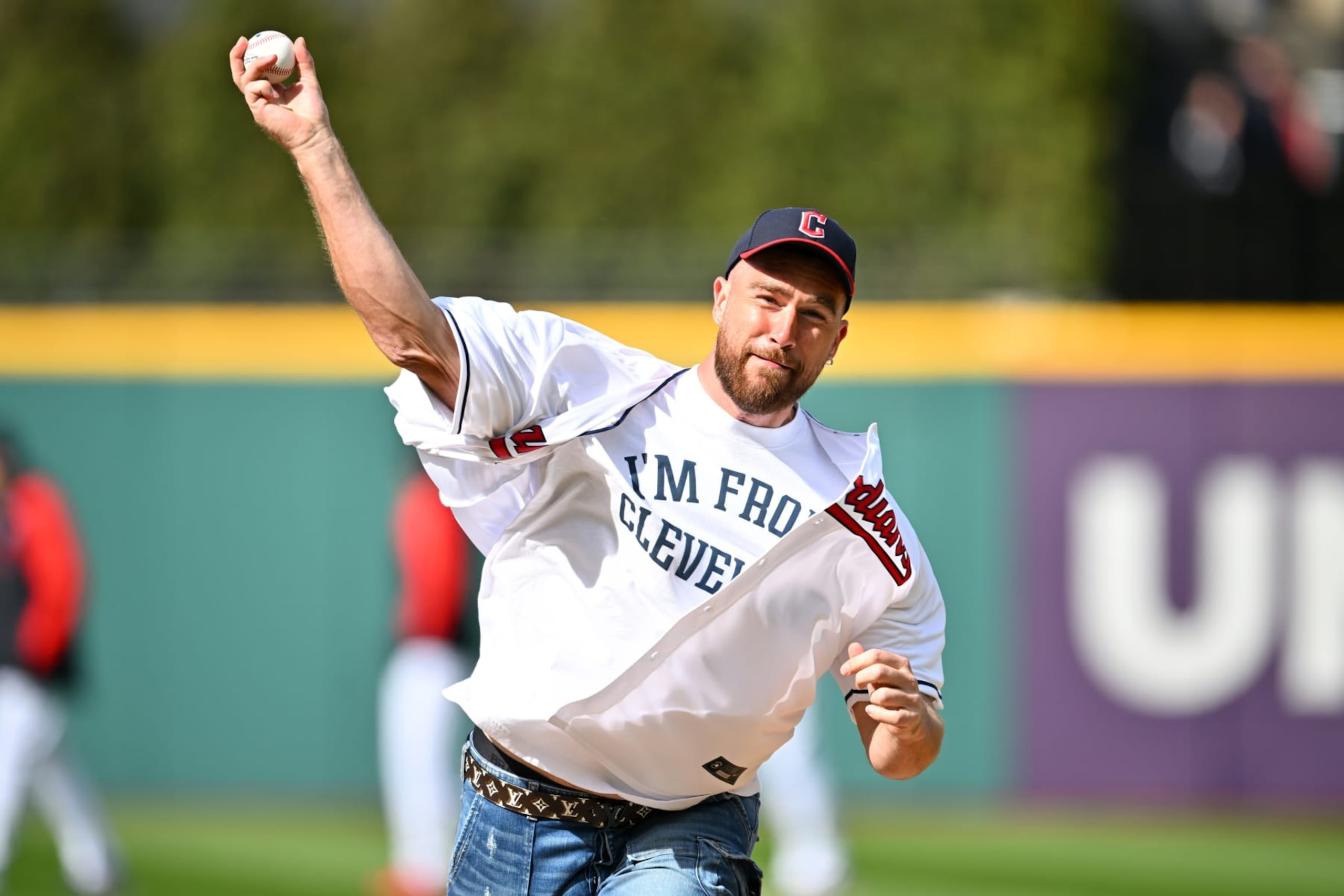 CLEVELAND, OHIO - APRIL 07: Cleveland area native and Kansas City Chiefs player Travis Kelce throws out the first pitch prior to the game between the Cleveland Guardians and the Seattle Mariners of the home opener at Progressive Field on April 07, 2023 in Cleveland, Ohio. (Photo by Jason Miller/Getty Images) CLEVELAND, OHIO - APRIL 07: Cleveland area native and Kansas City Chiefs player Travis Kelce throws out the first pitch prior to the game between the Cleveland Guardians and the Seattle Mariners of the home opener at Progressive Field on April 07, 2023 in Cleveland, Ohio. (Photo by Jason Miller/Getty Images)