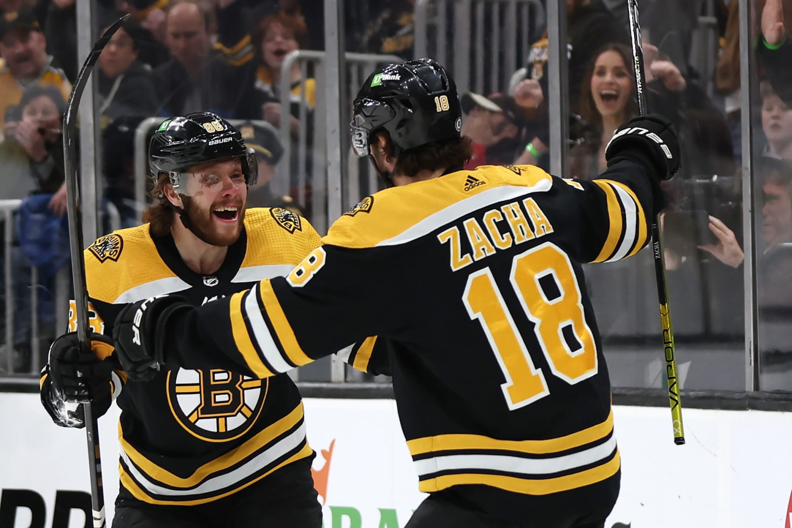 BOSTON, MASSACHUSETTS - APRIL 08: Pavel Zacha #18 of the Boston Bruins celebrates with David Pastrnak #88 after scoring a goal against the New Jersey Devils during the first period at TD Garden on April 08, 2023 in Boston, Massachusetts. (Photo by Maddie Meyer/Getty Images)