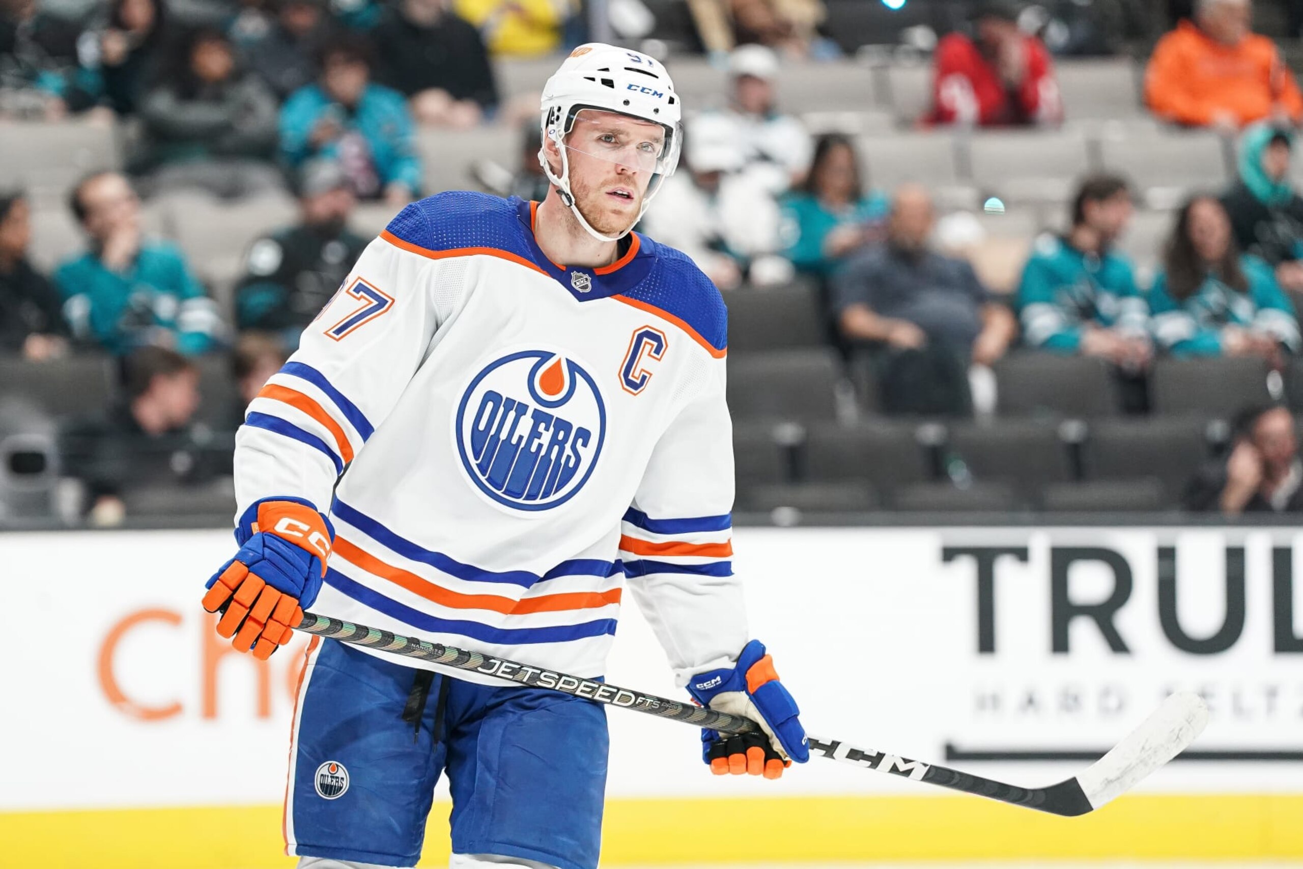 SAN JOSE, CA - APRIL 8: Connor McDavid #97 of the Edmonton Oilers skates between plays in the third period against the San Jose Sharks at SAP Center on April 8, 2023 in San Jose, California. (Photo by Kavin Mistry/NHLI via Getty Images)