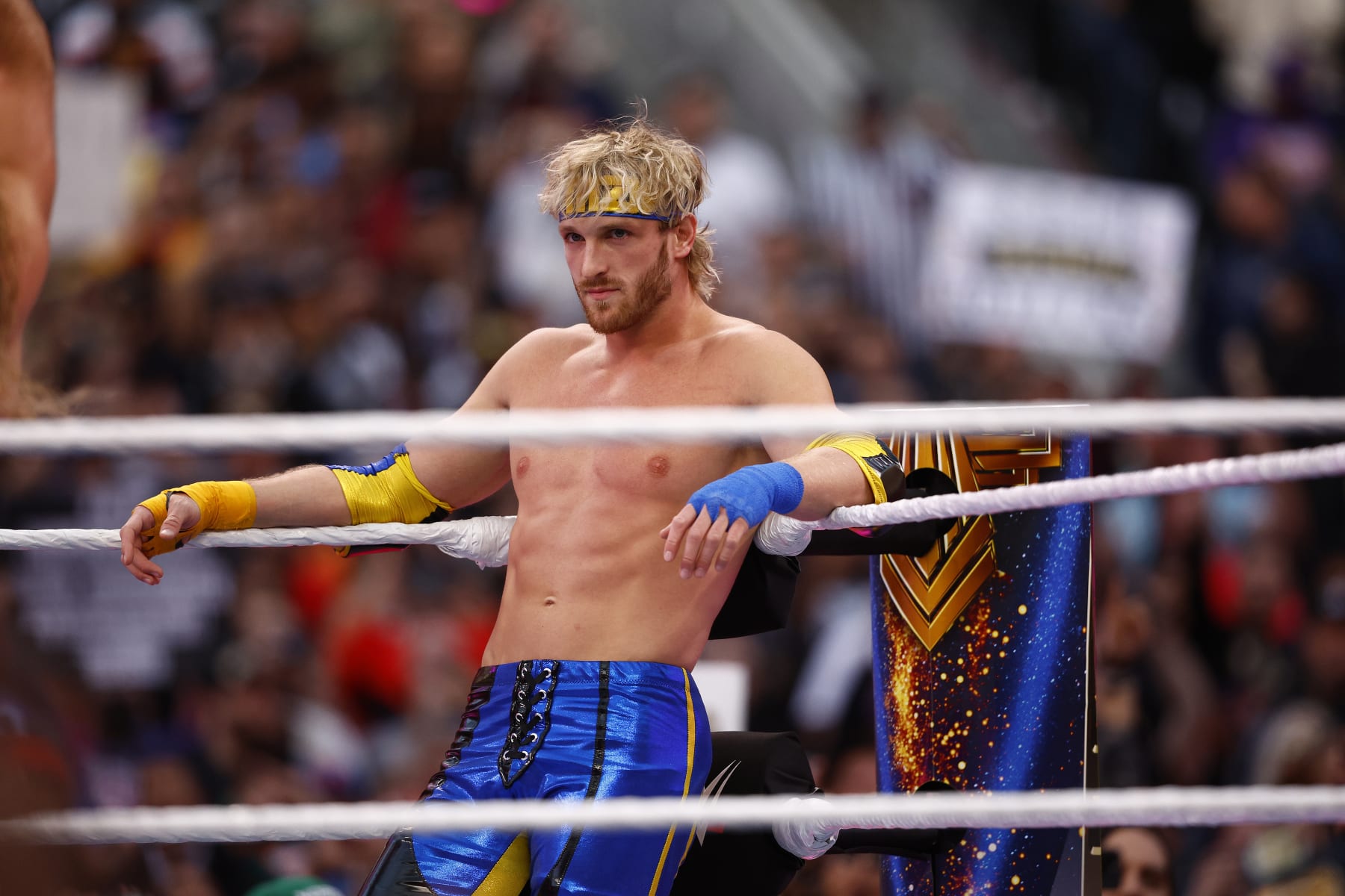 INGLEWOOD, CALIFORNIA - APRIL 01:  Logan Paul during WrestleMania Goes Hollywood at SoFi Stadium on April 01, 2023 in Inglewood, California. (Photo by Ronald Martinez/Getty Images)