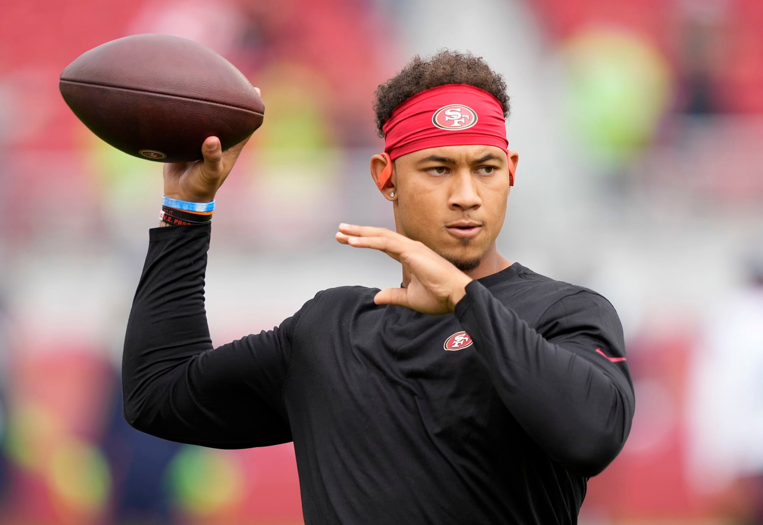 SANTA CLARA, CALIFORNIA - SEPTEMBER 18: Trey Lance #5 of the San Francisco 49ers warms up before the game against the Seattle Seahawks at Levi's Stadium on September 18, 2022 in Santa Clara, California. (Photo by Thearon W. Henderson/Getty Images)