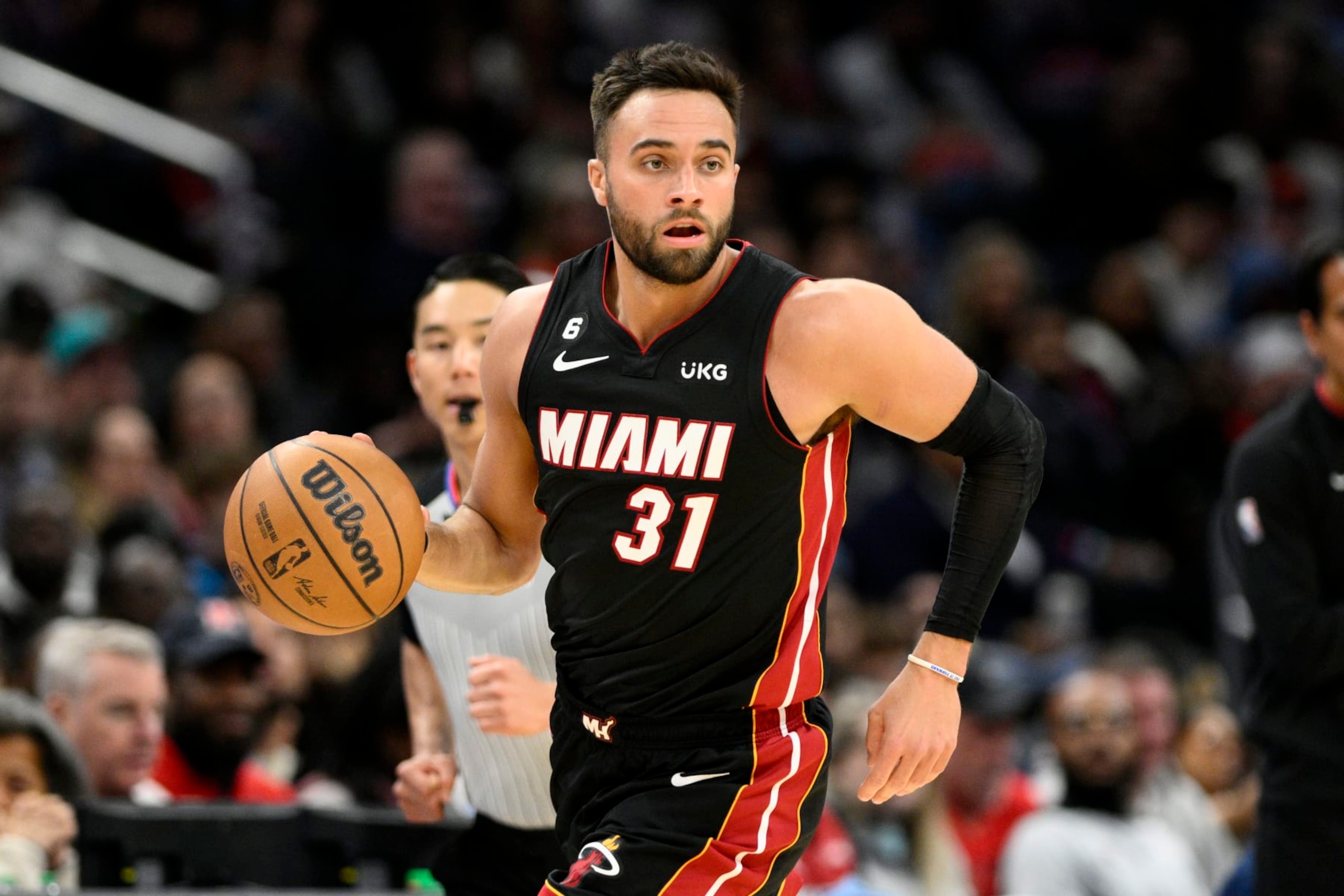 Miami Heat guard Max Strus (31) in action during the second half of an NBA basketball game against the Washington Wizards, Friday, April 7, 2023, in Washington. (AP Photo/Nick Wass) Miami Heat guard Max Strus (31) in action during the second half of an NBA basketball game against the Washington Wizards, Friday, April 7, 2023, in Washington. (AP Photo/Nick Wass)