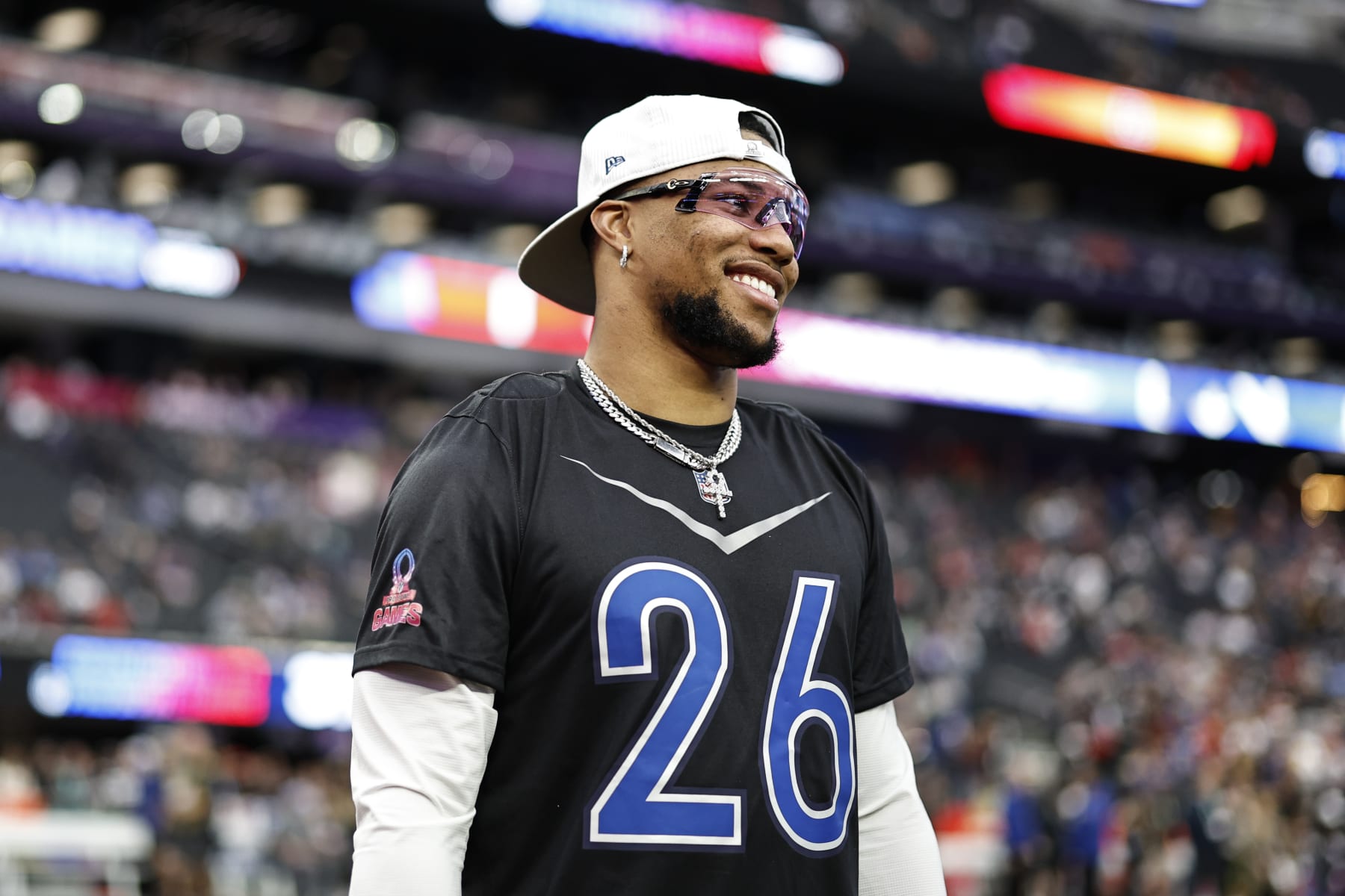 LAS VEGAS, NEVADA - FEBRUARY 05: LAS VEGAS, NEVADA - FEBRUARY 05: NFC running back Saquon Barkley #26 of the New York Giants reacts as he warms up prior to an NFL Pro Bowl football game at Allegiant Stadium on February 05, 2023 in Las Vegas, Nevada. (Photo by Michael Owens/Getty Images)