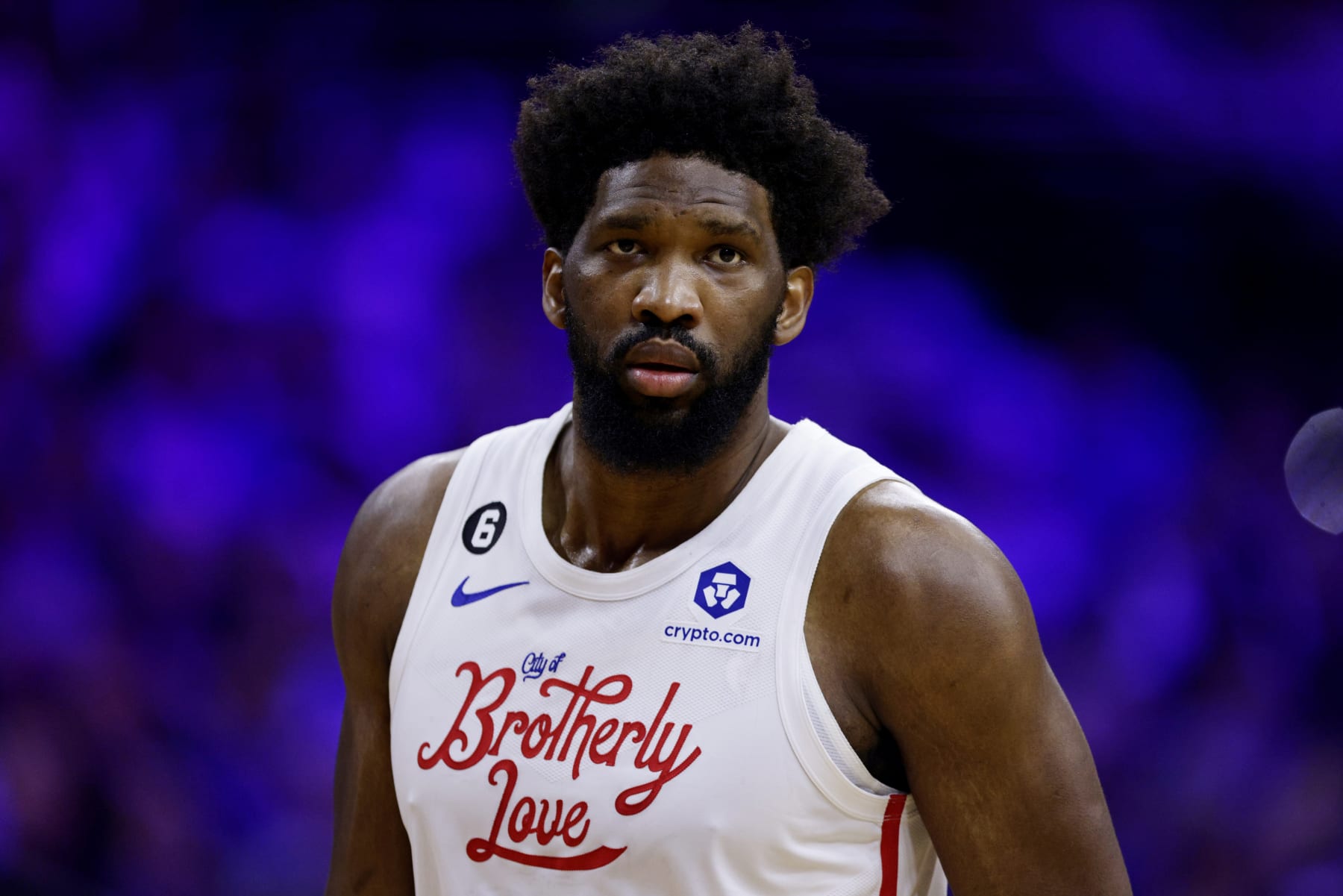 PHILADELPHIA, PA - APRIL 06: Joel Embiid #21 of the Philadelphia 76ers in action against the Miami Heat during a game at Wells Fargo Center on April 6, 2023 in Philadelphia, Pennsylvania. The Heat defeated the 76ers 129-101. NOTE TO USER: User expressly acknowledges and agrees that, by downloading and or using this photograph, User is consenting to the terms and conditions of the Getty Images License Agreement. (Photo by Rich Schultz/Getty Images)