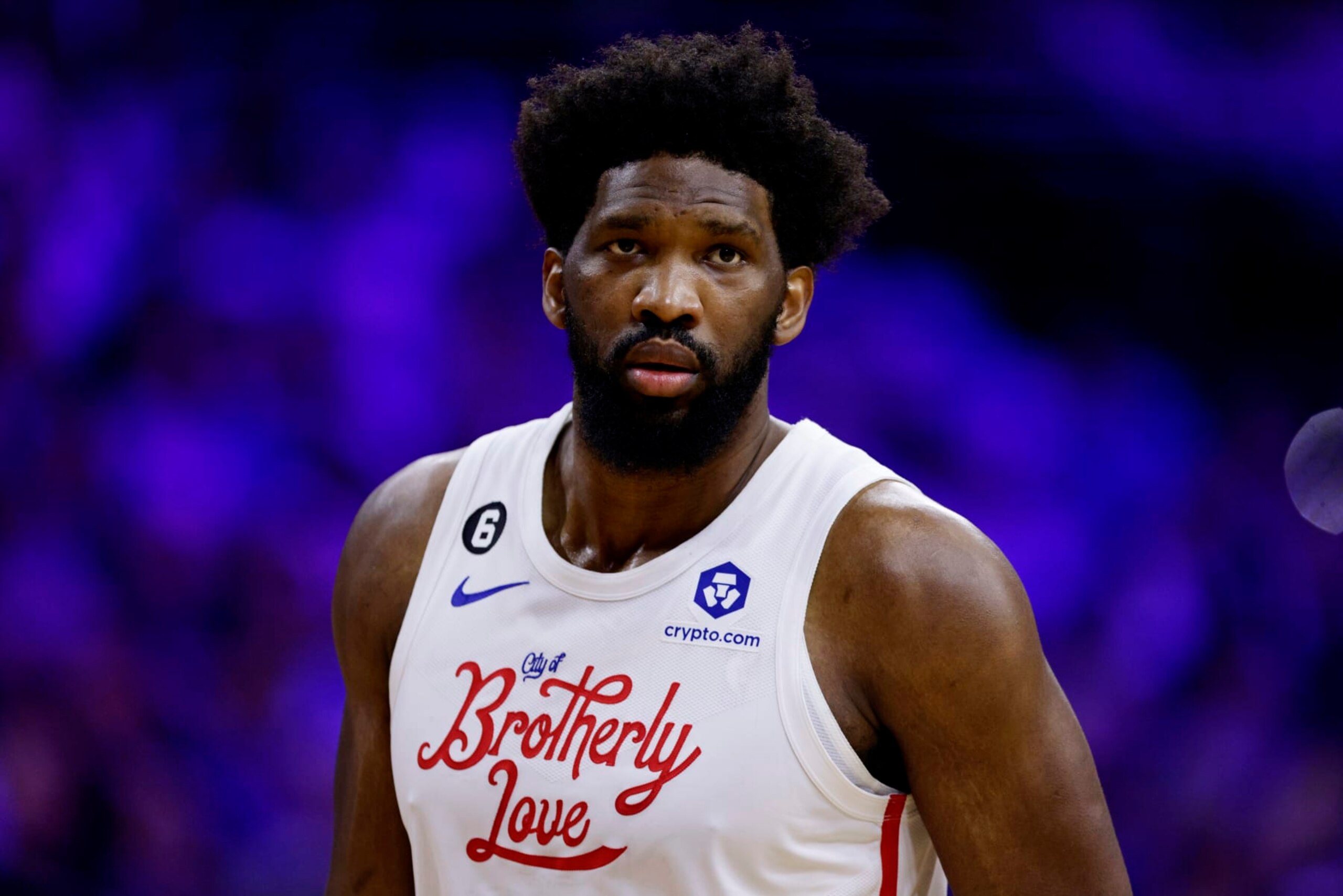 PHILADELPHIA, PA - APRIL 06: Joel Embiid #21 of the Philadelphia 76ers in action against the Miami Heat during a game at Wells Fargo Center on April 6, 2023 in Philadelphia, Pennsylvania. The Heat defeated the 76ers 129-101. NOTE TO USER: User expressly acknowledges and agrees that, by downloading and or using this photograph, User is consenting to the terms and conditions of the Getty Images License Agreement. (Photo by Rich Schultz/Getty Images)