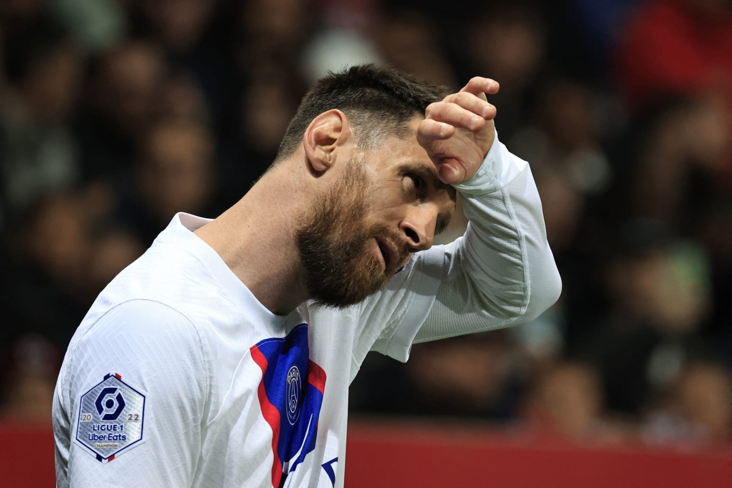 Paris Saint-Germain's Argentine forward Lionel Messi reacts during the French L1 football match between Nice (OGCN) and Paris Saint-Germain (PSG) at the Allianz Riviera stadium in Nice, on April 8, 2023. (Photo by Valery HACHE / AFP) (Photo by VALERY HACHE/AFP via Getty Images)