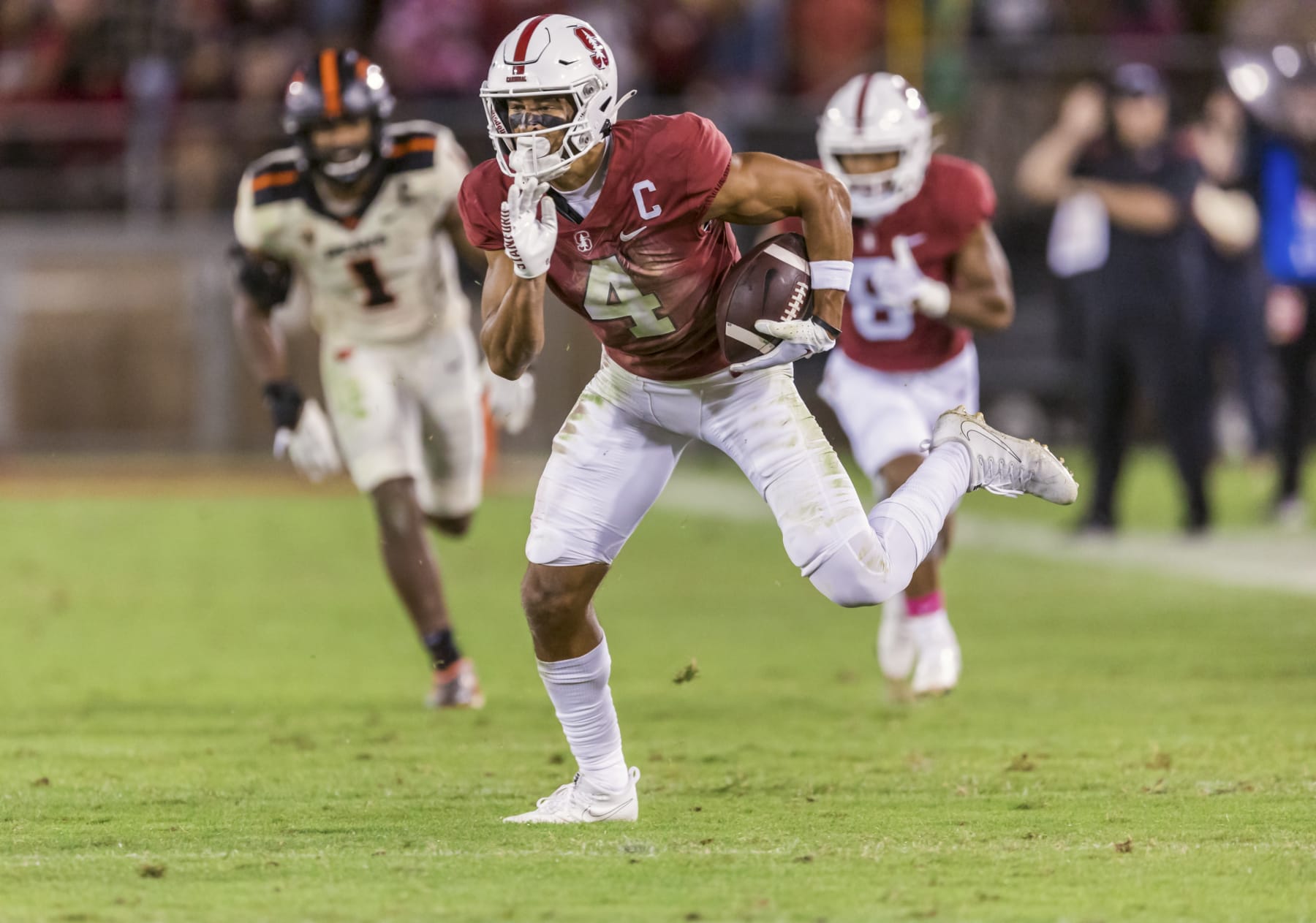 PALO ALTO, CA - OCTOBER 8:  Michael Wilson #4 of the Stanford Cardinal runs after a catch during a Pac-12 NCAA football game against the Oregon State Beavers played on October 8, 2022 at Stanford Stadium in Palo Alto, California.  (Photo by David Madison/Getty Images)