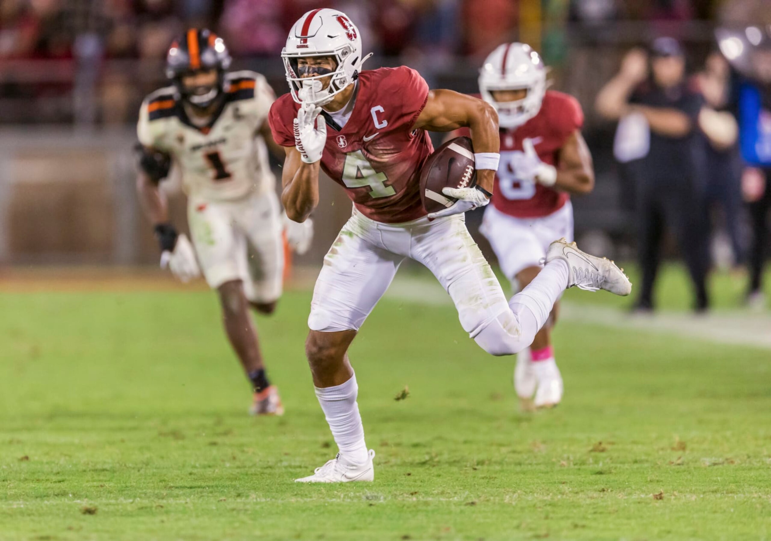 PALO ALTO, CA - OCTOBER 8:  Michael Wilson #4 of the Stanford Cardinal runs after a catch during a Pac-12 NCAA football game against the Oregon State Beavers played on October 8, 2022 at Stanford Stadium in Palo Alto, California.  (Photo by David Madison/Getty Images)