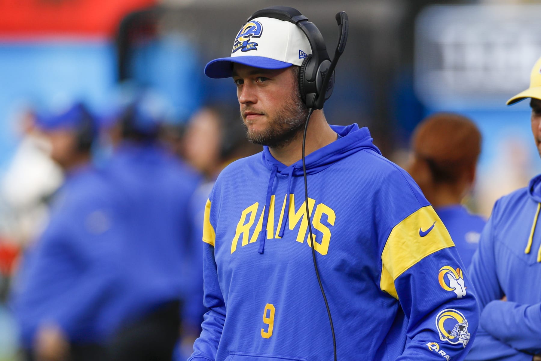 INGLEWOOD, CA - JANUARY 01: Los Angeles Rams quarterback Matthew Stafford (9) watches from the sideline during an NFL regular season game between the Los Angeles Rams and the Los Angeles Chargers on January 01, 2023, at SoFi Stadium in Inglewood, CA. (Photo by Brandon Sloter/Icon Sportswire via Getty Images)