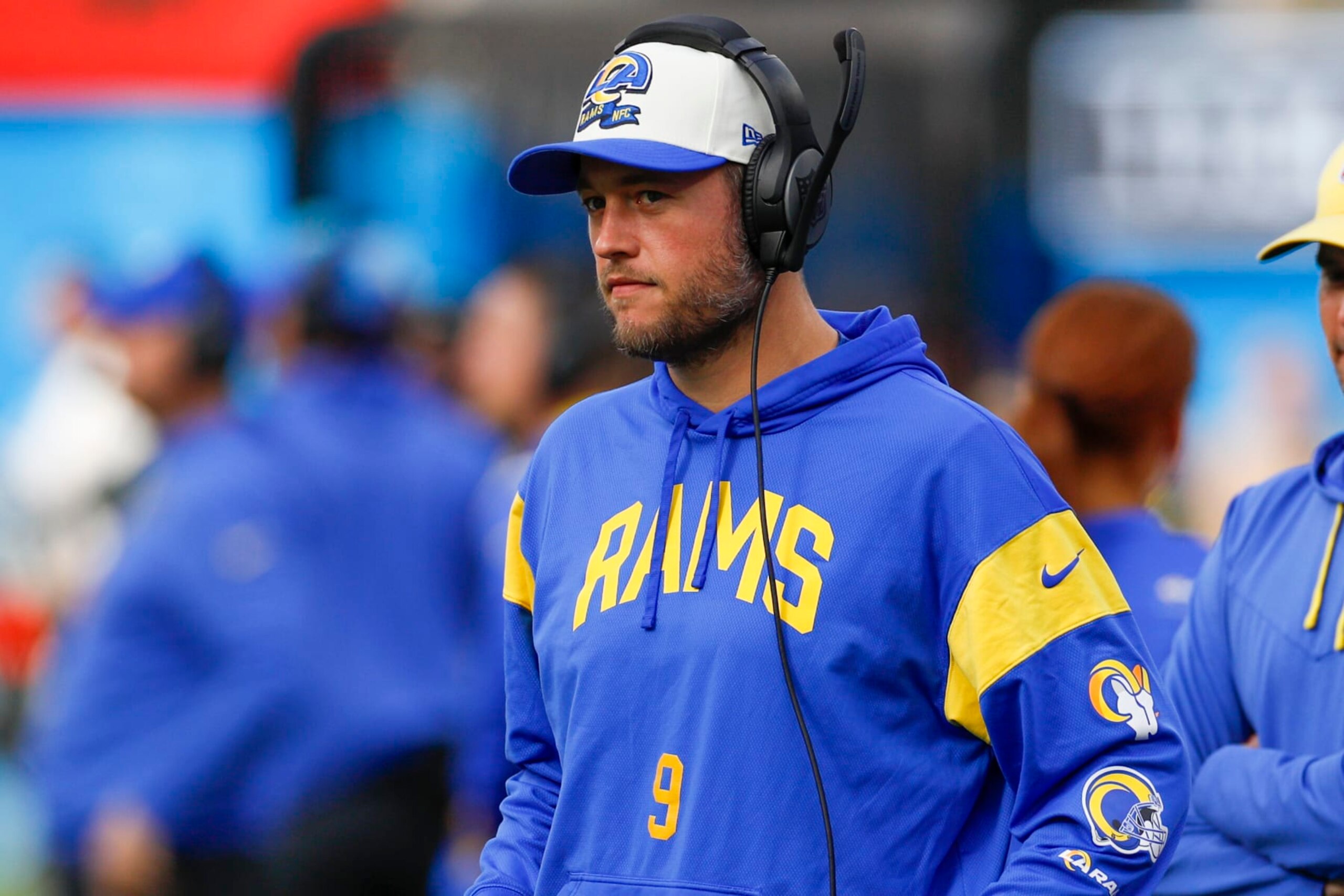 INGLEWOOD, CA - JANUARY 01: Los Angeles Rams quarterback Matthew Stafford (9) watches from the sideline during an NFL regular season game between the Los Angeles Rams and the Los Angeles Chargers on January 01, 2023, at SoFi Stadium in Inglewood, CA. (Photo by Brandon Sloter/Icon Sportswire via Getty Images)