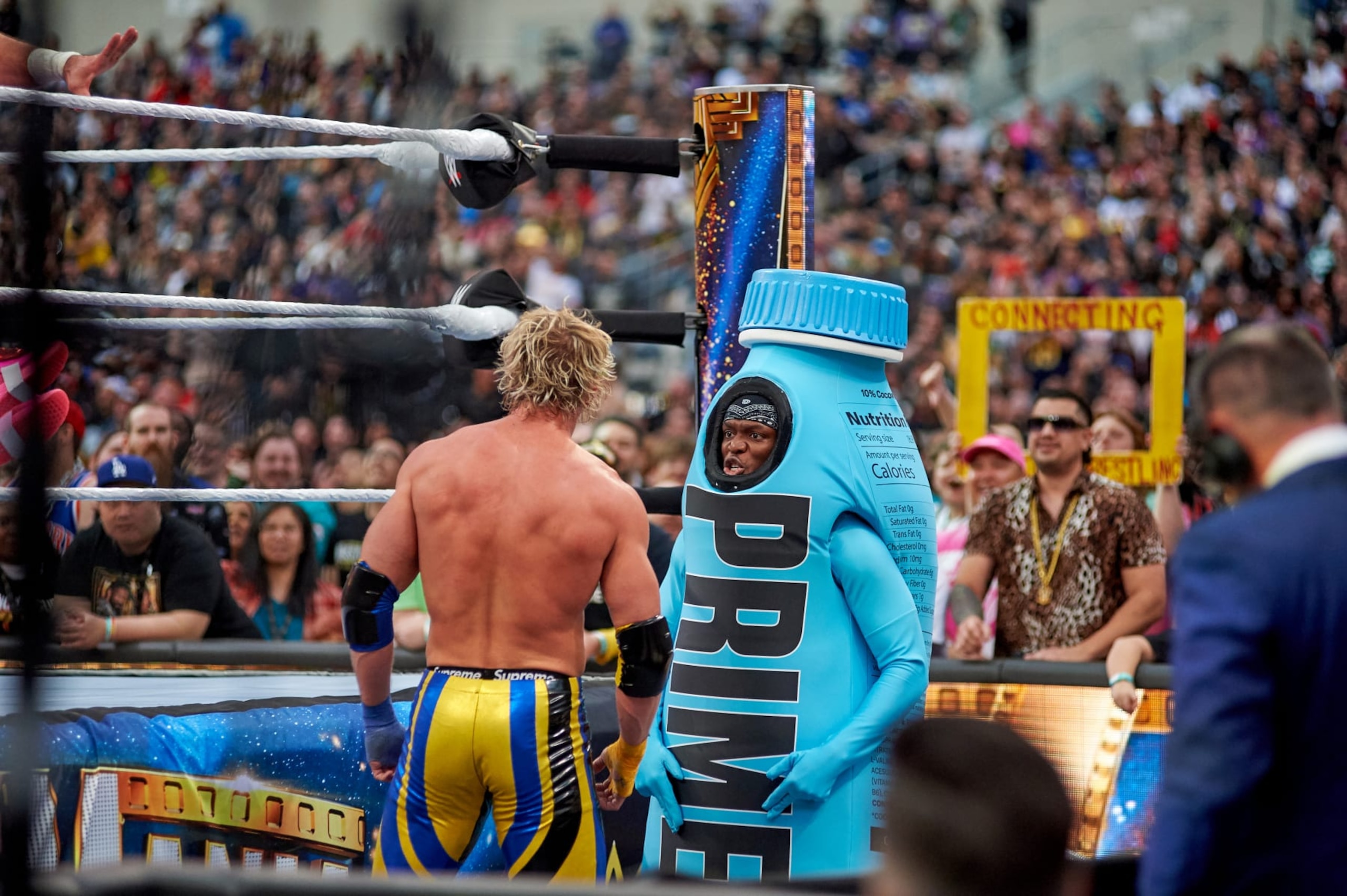 INGLEWOOD, CALIFORNIA - APRIL 01: Logan Paul and KSI during WrestleMania 39 at SoFi Stadium on April 01, 2023 in Inglewood, California. (Photo by Unique Nicole/Getty Images)
