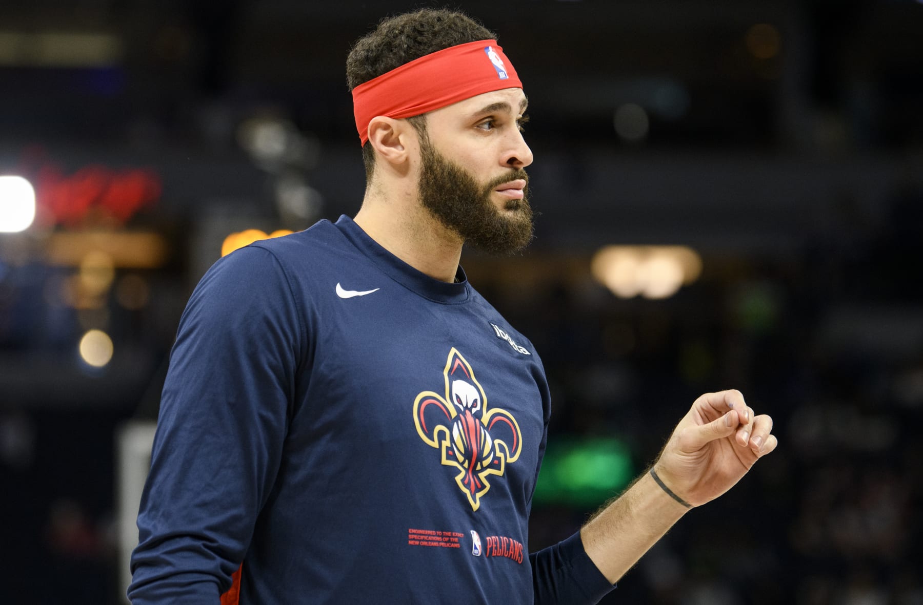 MINNEAPOLIS, MN - APRIL 09: Larry Nance Jr. #22 of the New Orleans Pelicans warms up before the game against the Minnesota Timberwolves at Target Center on April 9, 2023 in Minneapolis, Minnesota. (Photo by Stephen Maturen/Getty Images) NOTE TO USER: User expressly acknowledges and agrees that, by downloading and or using this photograph, User is consenting to the terms and conditions of the Getty Images License Agreement.