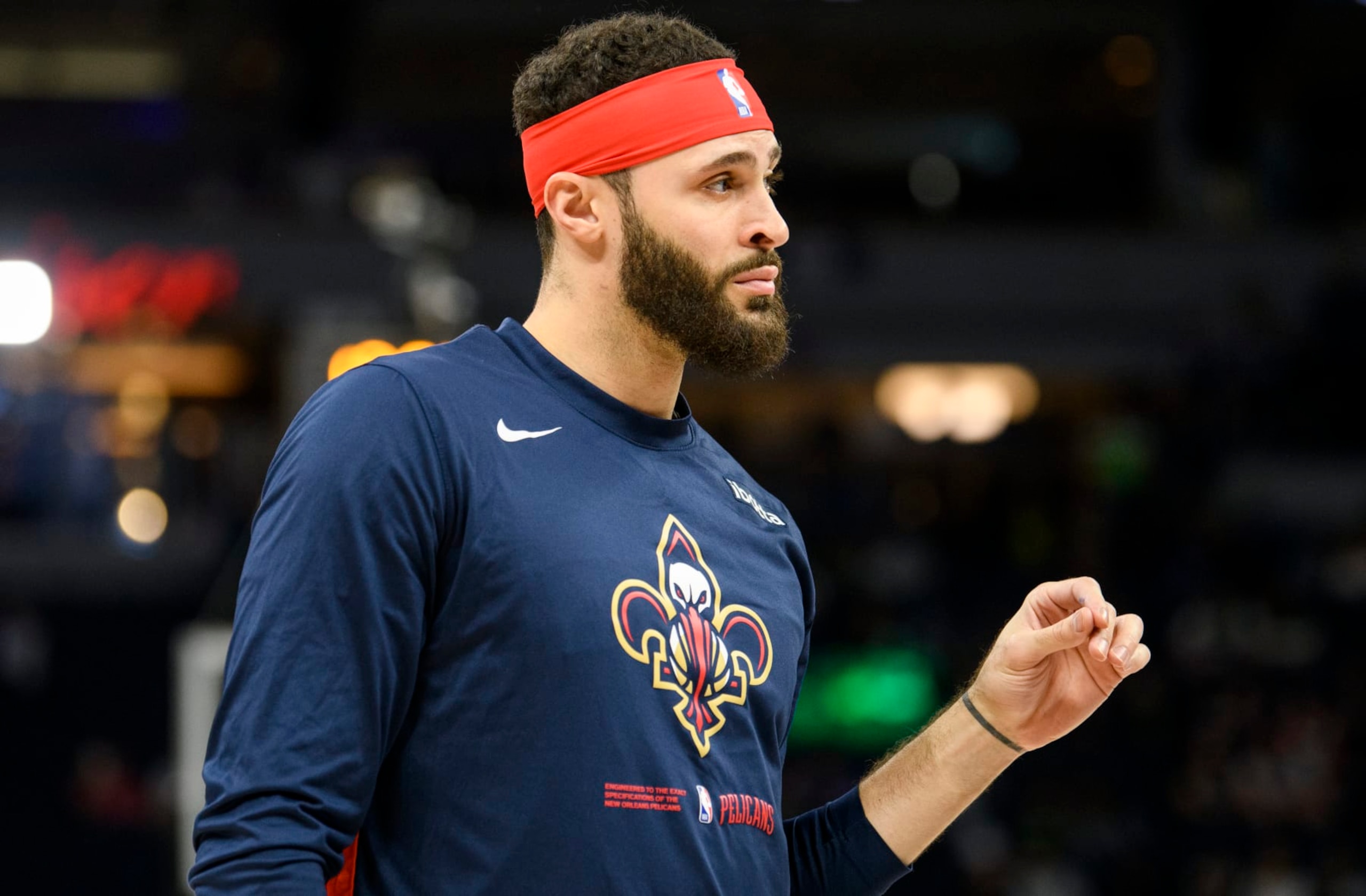 MINNEAPOLIS, MN - APRIL 09: Larry Nance Jr. #22 of the New Orleans Pelicans warms up before the game against the Minnesota Timberwolves at Target Center on April 9, 2023 in Minneapolis, Minnesota. (Photo by Stephen Maturen/Getty Images) NOTE TO USER: User expressly acknowledges and agrees that, by downloading and or using this photograph, User is consenting to the terms and conditions of the Getty Images License Agreement.