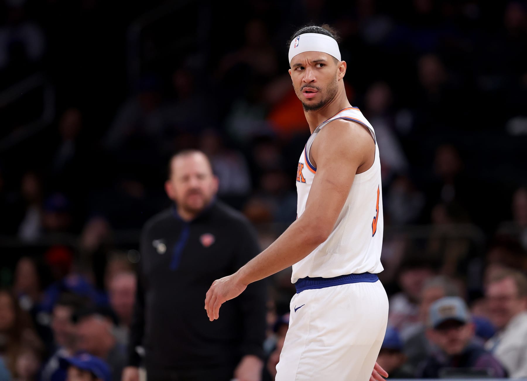 NEW YORK, NEW YORK - APRIL 09: Josh Hart #3 of the New York Knicks reacts after he is giving a double technical foul and ejected from the game in the fourth quarter against the Indiana Pacers at Madison Square Garden on April 09, 2023 in New York City. NOTE TO USER: User expressly acknowledges and agrees that, by downloading and or using this photograph, User is consenting to the terms and conditions of the Getty Images License Agreement. (Photo by Elsa/Getty Images)