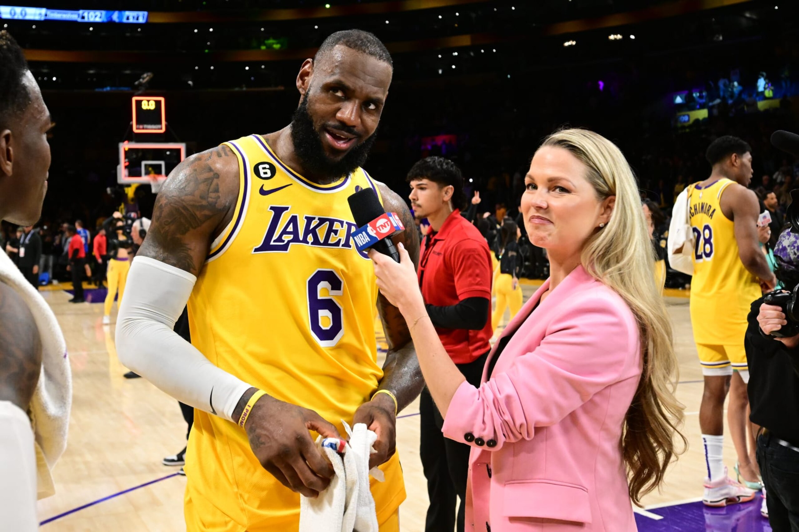 LOS ANGELES, CA - APRIL 11: LeBron James #6 of the Los Angeles Lakers talks to the media after the game against the Minnesota Timberwolves during the 2023 Play-In Tournament on April 11, 2023 at Crypto.Com Arena in Los Angeles, California. NOTE TO USER: User expressly acknowledges and agrees that, by downloading and/or using this Photograph, user is consenting to the terms and conditions of the Getty Images License Agreement. Mandatory Copyright Notice: Copyright 2023 NBAE (Photo by Adam Pantozzi/NBAE via Getty Images)