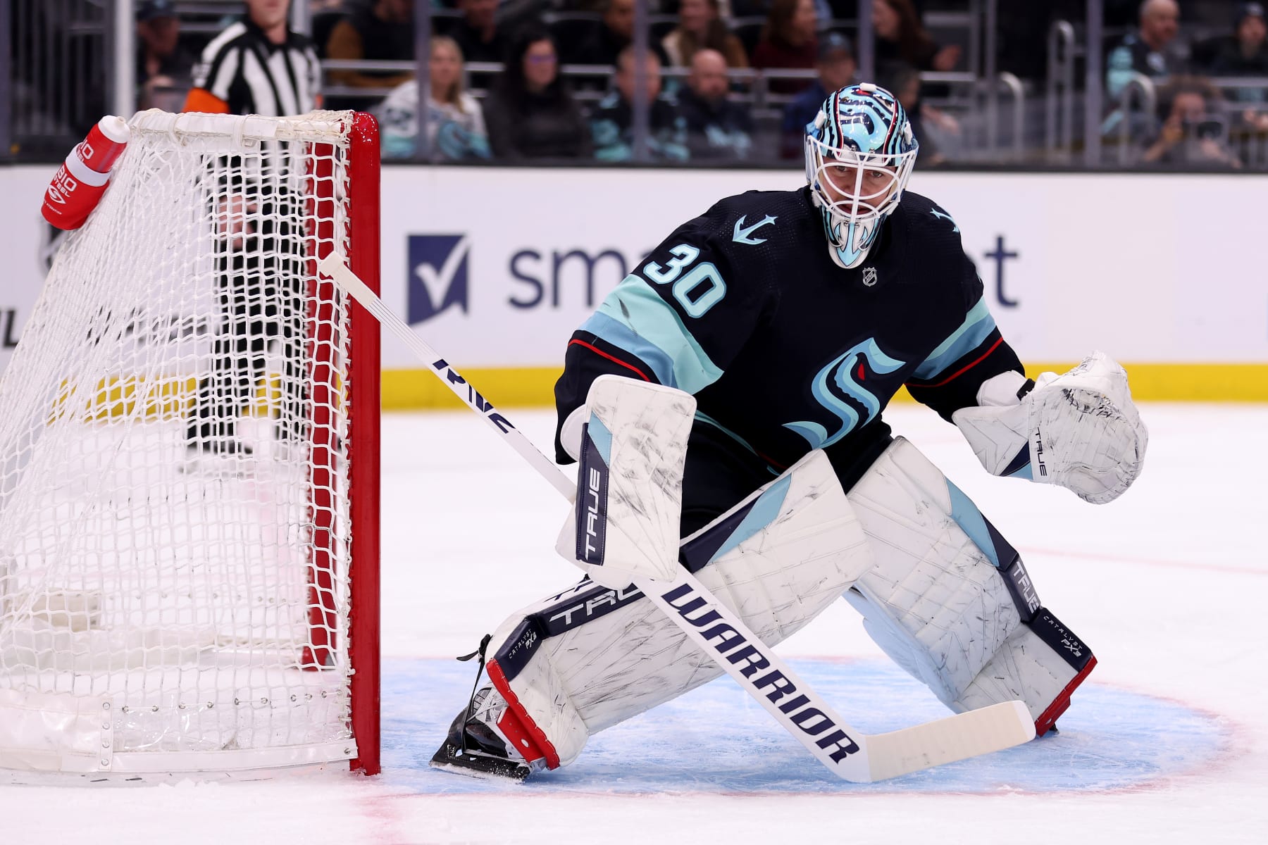 SEATTLE, WASHINGTON - APRIL 01: Martin Jones #30 of the Seattle Kraken tends net during the first period against the Los Angeles Kings at Climate Pledge Arena on April 01, 2023 in Seattle, Washington. (Photo by Steph Chambers/Getty Images)