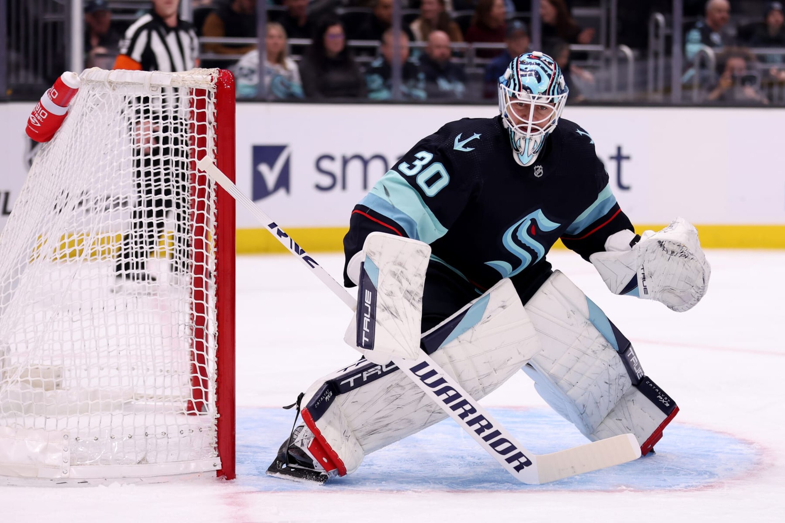SEATTLE, WASHINGTON - APRIL 01: Martin Jones #30 of the Seattle Kraken tends net during the first period against the Los Angeles Kings at Climate Pledge Arena on April 01, 2023 in Seattle, Washington. (Photo by Steph Chambers/Getty Images)