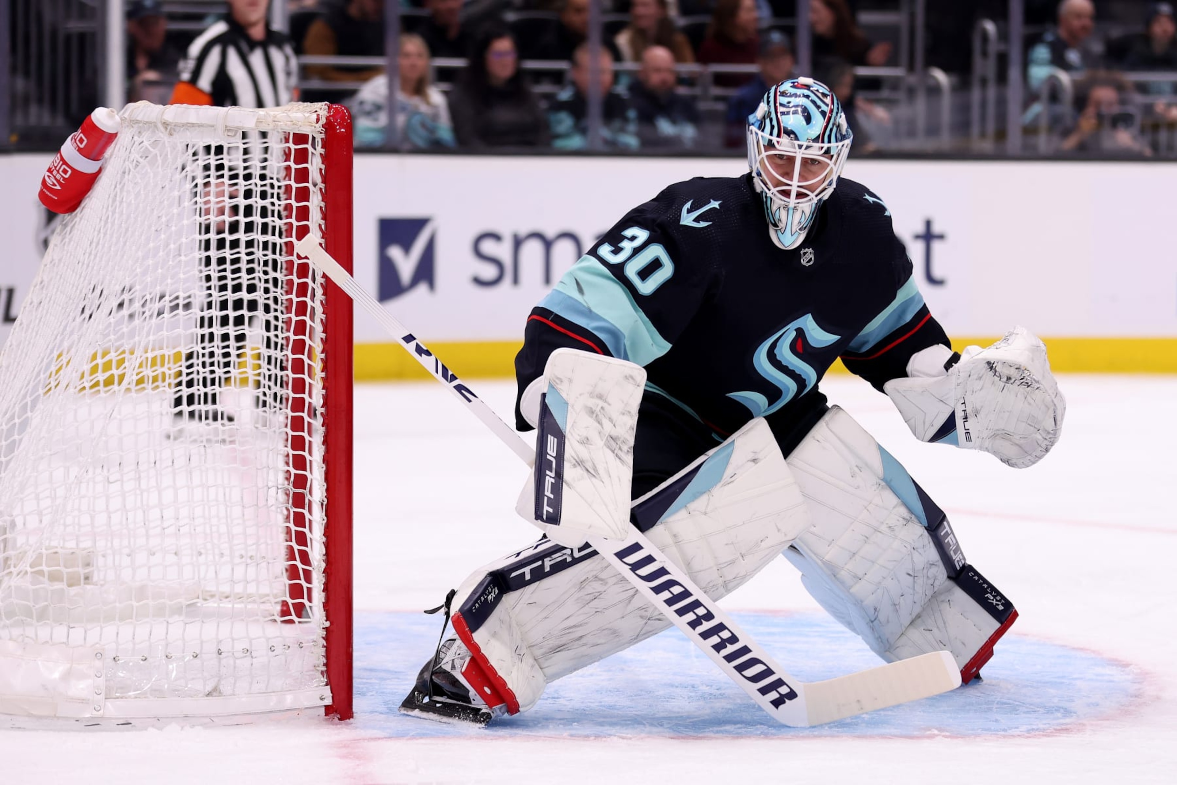 SEATTLE, WASHINGTON - APRIL 01: Martin Jones #30 of the Seattle Kraken tends net during the first period against the Los Angeles Kings at Climate Pledge Arena on April 01, 2023 in Seattle, Washington. (Photo by Steph Chambers/Getty Images) SEATTLE, WASHINGTON - APRIL 01: Martin Jones #30 of the Seattle Kraken tends net during the first period against the Los Angeles Kings at Climate Pledge Arena on April 01, 2023 in Seattle, Washington. (Photo by Steph Chambers/Getty Images)