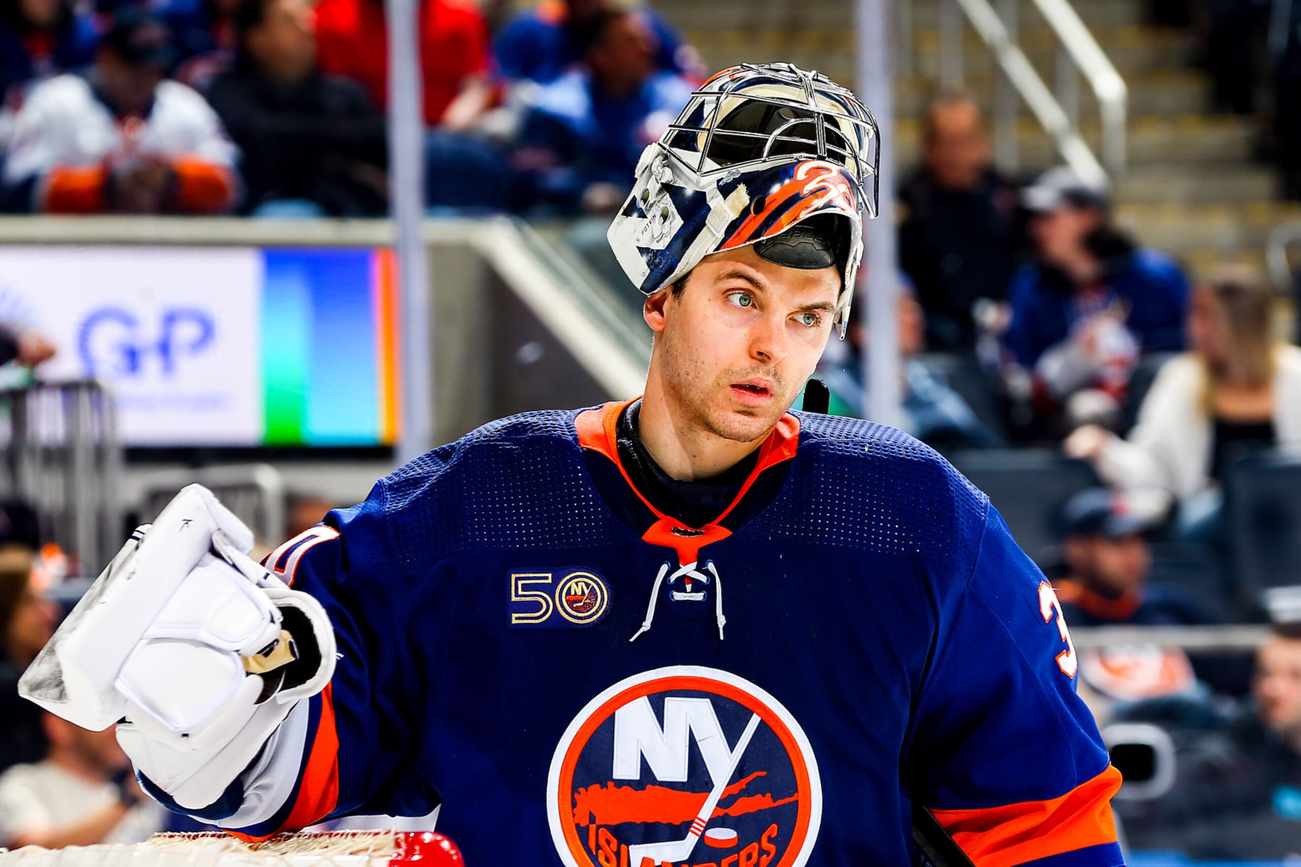 ELMONT, NEW YORK - APRIL 08:  Ilya Sorokin #30 of the New York Islanders looks on during the second period against the Philadelphia Flyers at UBS Arena on April 08, 2023 in Elmont, New York. (Photo by Mike Stobe/NHLI via Getty Images)