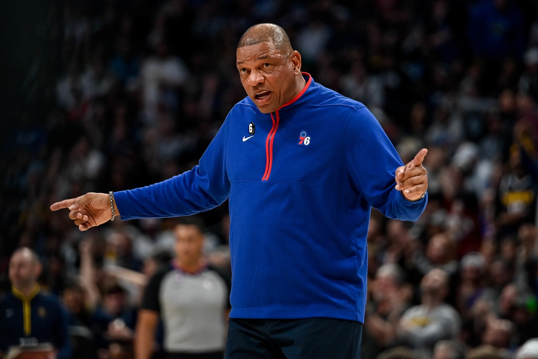 DENVER, CO - MARCH 27:  Head coach Doc Rivers of the Philadelphia 76ers yells to the referee in a game against the Denver Nuggets at Ball Arena on March 27, 2023 in Denver, Colorado. NOTE TO USER: User expressly acknowledges and agrees that, by downloading and or using this photograph, User is consenting to the terms and conditions of the Getty Images License Agreement. (Photo by Dustin Bradford/Getty Images)