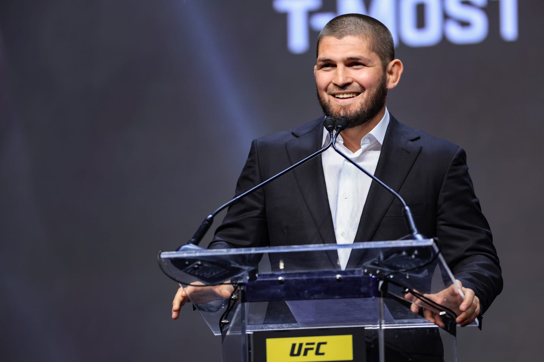LAS VEGAS, NEVADA - JUNE 30: Khabib Nurmagomedov speaks during the UFC Hall of Fame induction ceremony at T-Mobile Arena on June 30, 2022 in Las Vegas, Nevada. (Photo by Carmen Mandato/Getty Images)