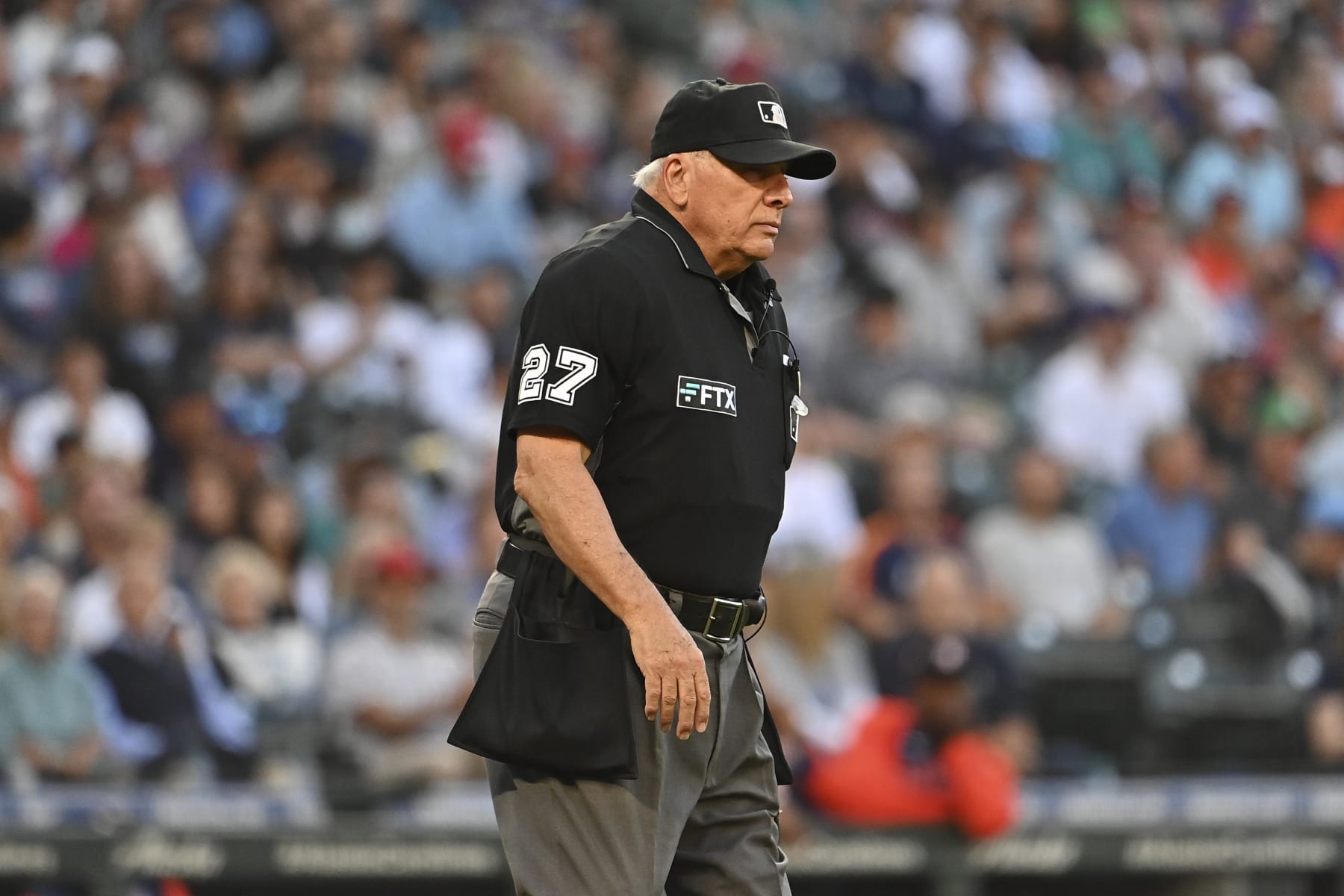 SEATTLE, WASHINGTON - JULY 22: Umpire Larry Vanover #27 walks on the field during the game between the Seattle Mariners and the Houston Astros at T-Mobile Park on July 22, 2022 in Seattle, Washington. The Houston Astros won 5-2. (Photo by Alika Jenner/Getty Images)