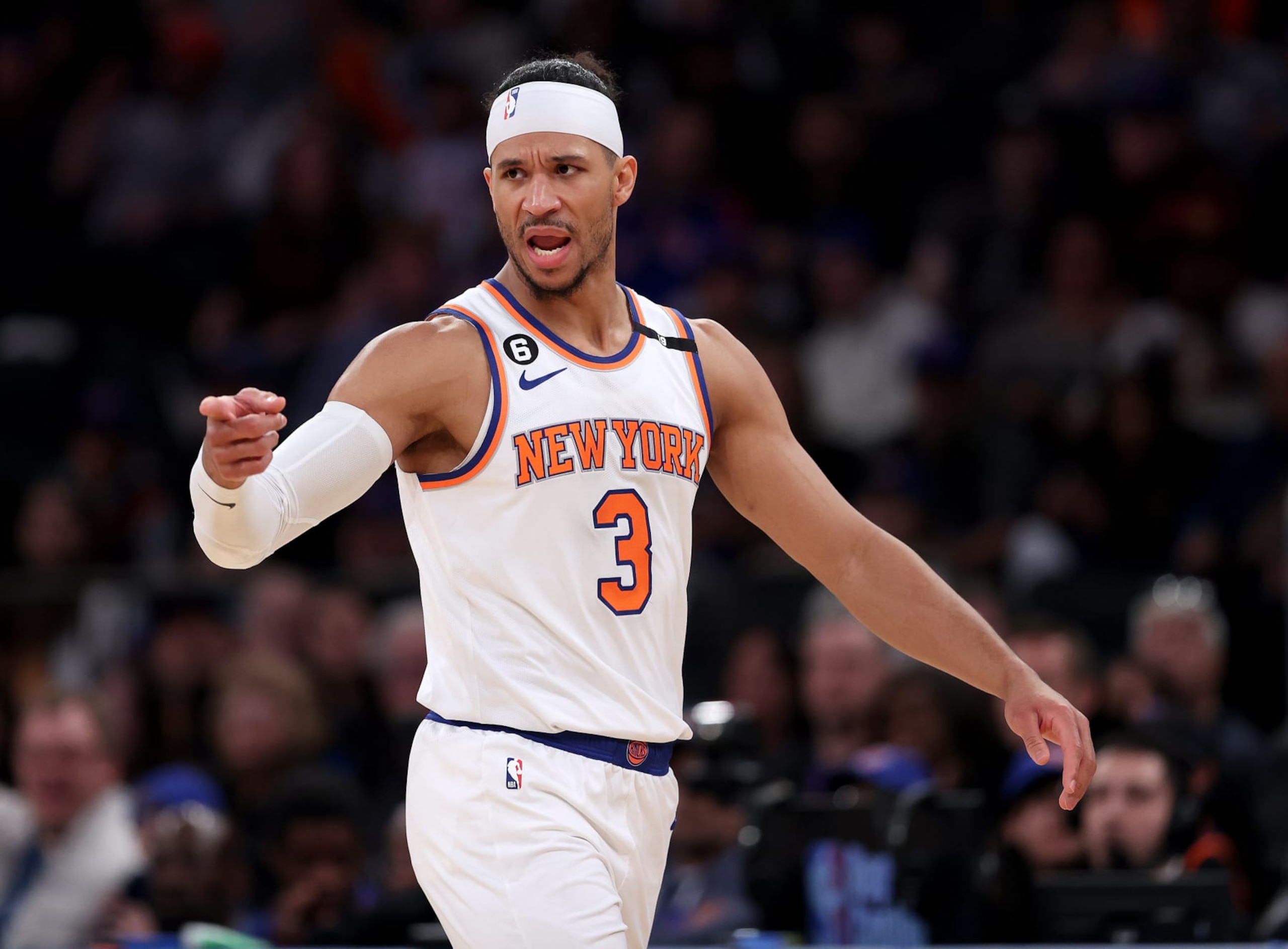 NEW YORK, NEW YORK - APRIL 09: Josh Hart #3 of the New York Knicks reacts after he is giving a double technical foul and ejected from the game in the fourth quarter against the Indiana Pacers at Madison Square Garden on April 09, 2023 in New York City. NOTE TO USER: User expressly acknowledges and agrees that, by downloading and or using this photograph, User is consenting to the terms and conditions of the Getty Images License Agreement. (Photo by Elsa/Getty Images)