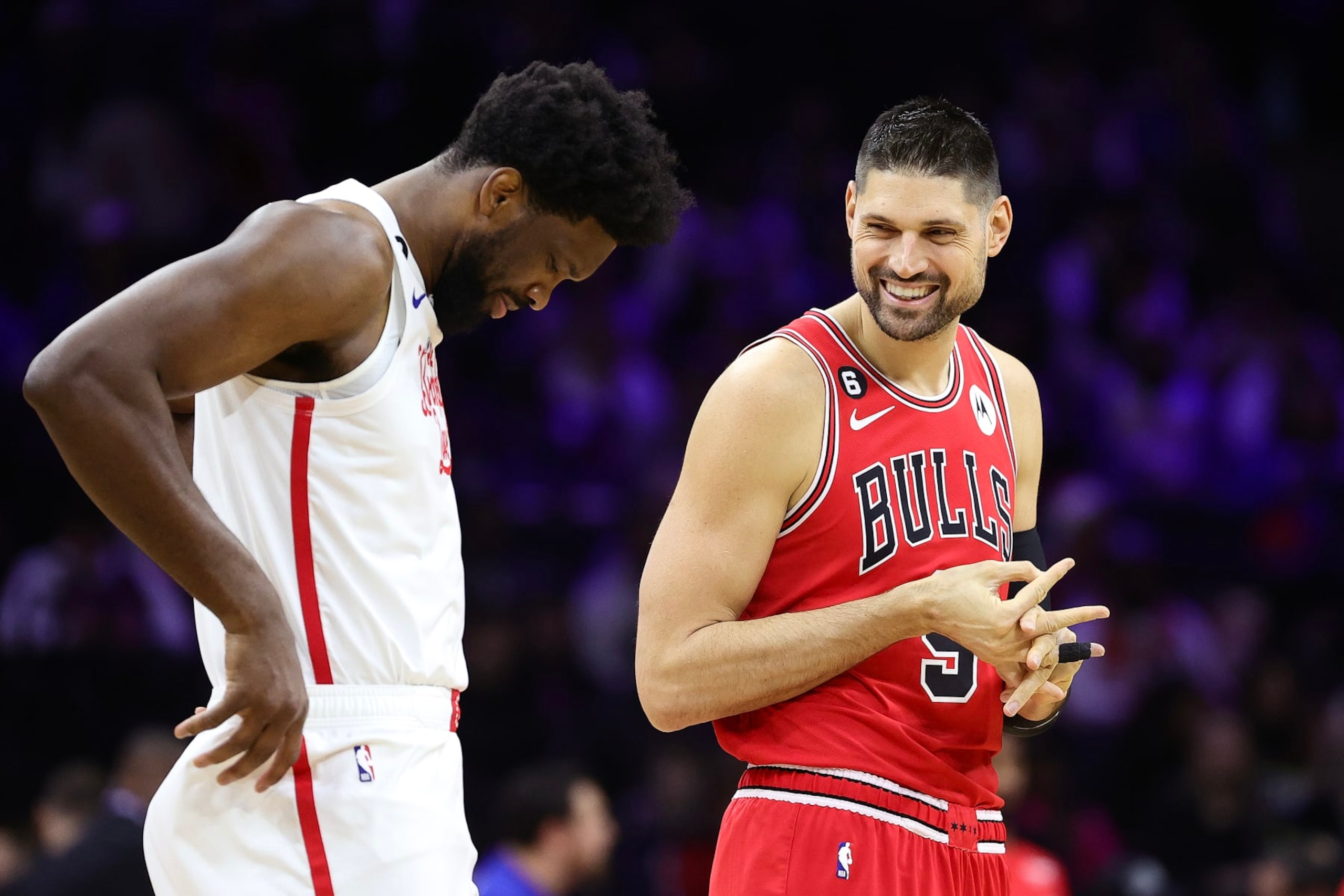 PHILADELPHIA, PENNSYLVANIA - MARCH 20: Joel Embiid #21 of the Philadelphia 76ers and Nikola Vucevic #9 of the Chicago Bulls react during the first quarter at Wells Fargo Center on March 20, 2023 in Philadelphia, Pennsylvania. NOTE TO USER: User expressly acknowledges and agrees that, by downloading and or using this photograph, User is consenting to the terms and conditions of the Getty Images License Agreement. (Photo by Tim Nwachukwu/Getty Images) (Photo by Tim Nwachukwu/Getty Images) PHILADELPHIA, PENNSYLVANIA - MARCH 20: Joel Embiid #21 of the Philadelphia 76ers and Nikola Vucevic #9 of the Chicago Bulls react during the first quarter at Wells Fargo Center on March 20, 2023 in Philadelphia, Pennsylvania. NOTE TO USER: User expressly acknowledges and agrees that, by downloading and or using this photograph, User is consenting to the terms and conditions of the Getty Images License Agreement. (Photo by Tim Nwachukwu/Getty Images) (Photo by Tim Nwachukwu/Getty Images)