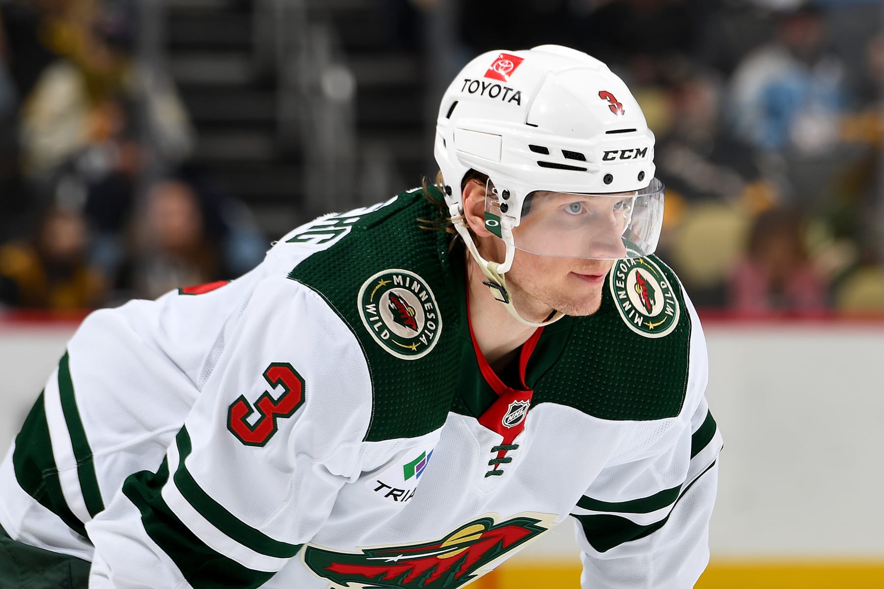 PITTSBURGH, PA - APRIL 06:  John Klingberg #3 of the Minnesota Wild looks on against the Pittsburgh Penguins at PPG PAINTS Arena on April 6, 2023 in Pittsburgh, Pennsylvania. (Photo by Joe Sargent/NHLI via Getty Images)