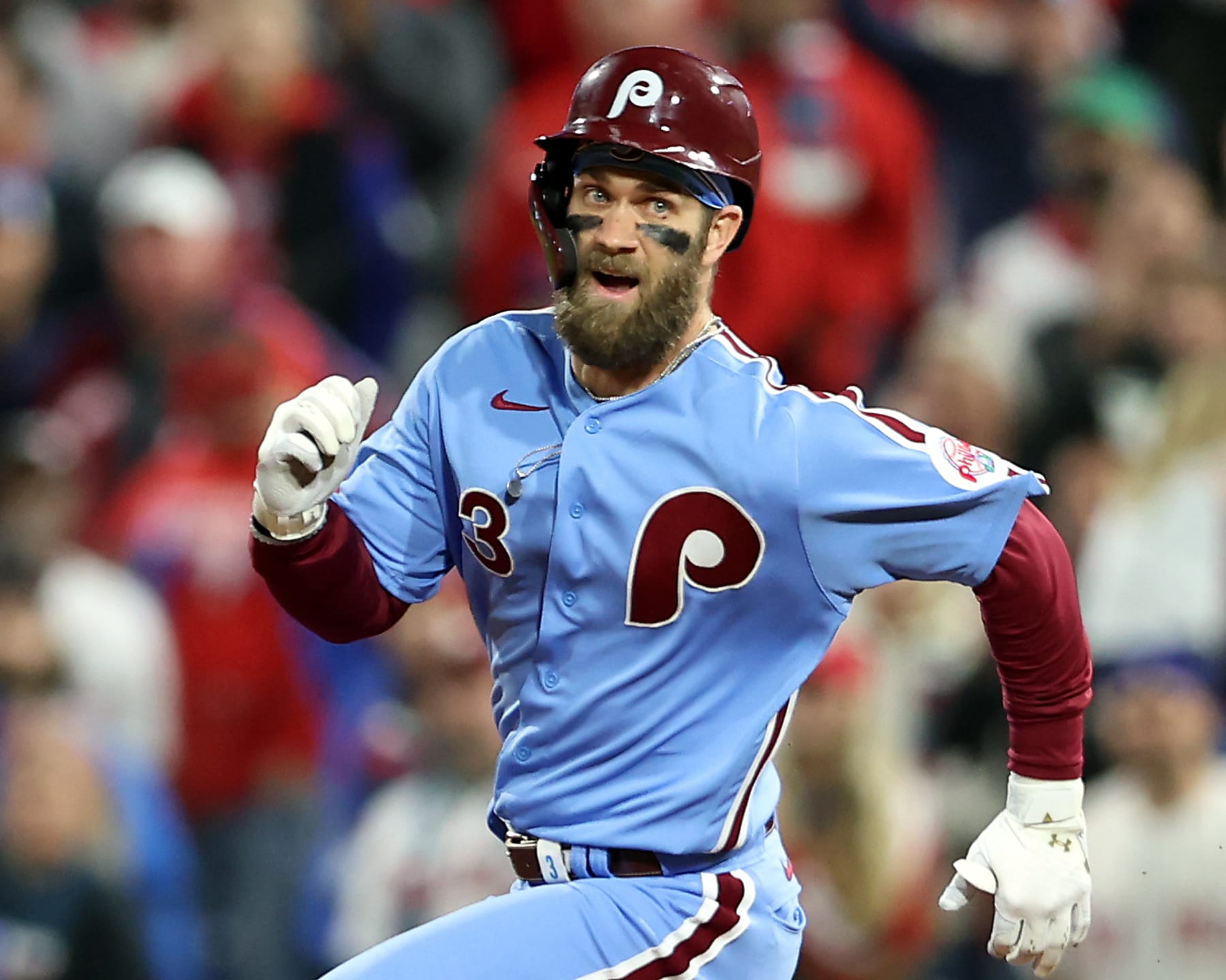 PHILADELPHIA, PA - NOVEMBER 03: Bryce Harper #3 of the Philadelphia Phillies runs to second after hitting a double in the fifth inning of Game 5 of the 2022 World Series between the Houston Astros and the Philadelphia Phillies at Citizens Bank Park on Thursday, November 3, 2022 in Philadelphia, Pennsylvania. (Photo by Rob Tringali/MLB Photos via Getty Images)