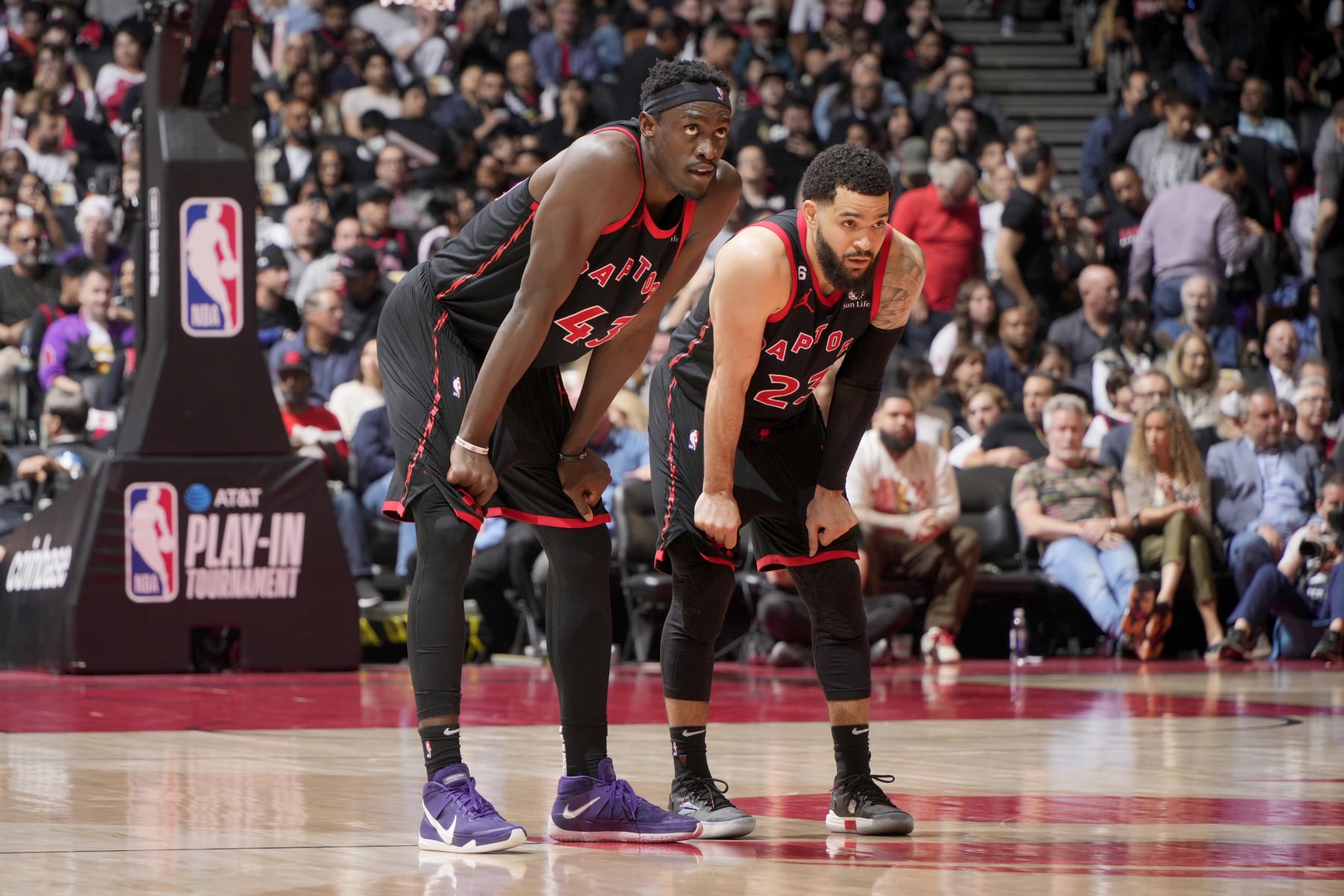 TORONTO, CANADA - APRIL 12:  Pascal Siakam #43 and Fred VanVleet #23 of the Toronto Raptors look on during the game against the Chicago Bulls during the 2023 Play-In Tournament on April 12, 2023 at the Scotiabank Arena in Toronto, Ontario, Canada.  NOTE TO USER: User expressly acknowledges and agrees that, by downloading and or using this Photograph, user is consenting to the terms and conditions of the Getty Images License Agreement.  Mandatory Copyright Notice: Copyright 2022 NBAE (Photo by Mark Blinch/NBAE via Getty Images)