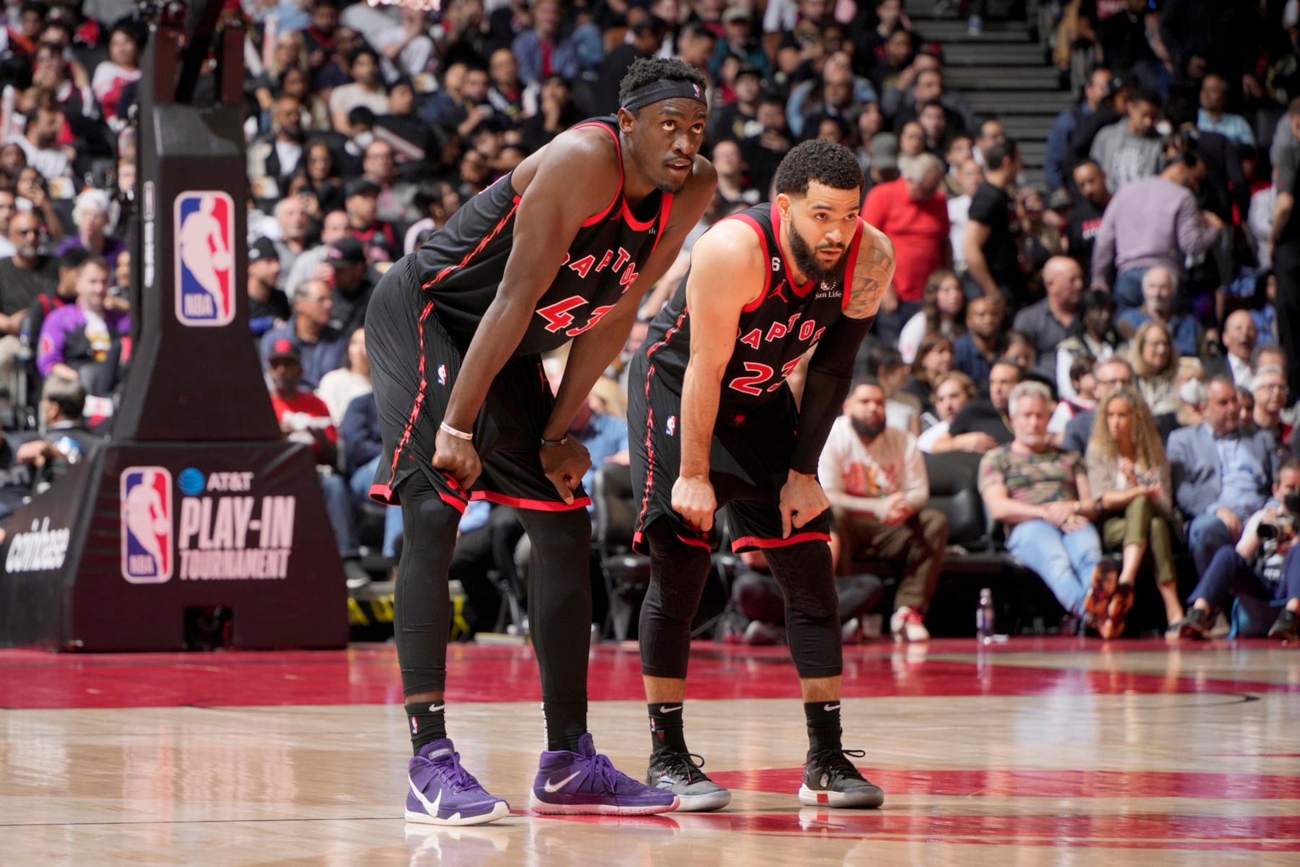 TORONTO, CANADA - APRIL 12:  Pascal Siakam #43 and Fred VanVleet #23 of the Toronto Raptors look on during the game against the Chicago Bulls during the 2023 Play-In Tournament on April 12, 2023 at the Scotiabank Arena in Toronto, Ontario, Canada.  NOTE TO USER: User expressly acknowledges and agrees that, by downloading and or using this Photograph, user is consenting to the terms and conditions of the Getty Images License Agreement.  Mandatory Copyright Notice: Copyright 2022 NBAE (Photo by Mark Blinch/NBAE via Getty Images)