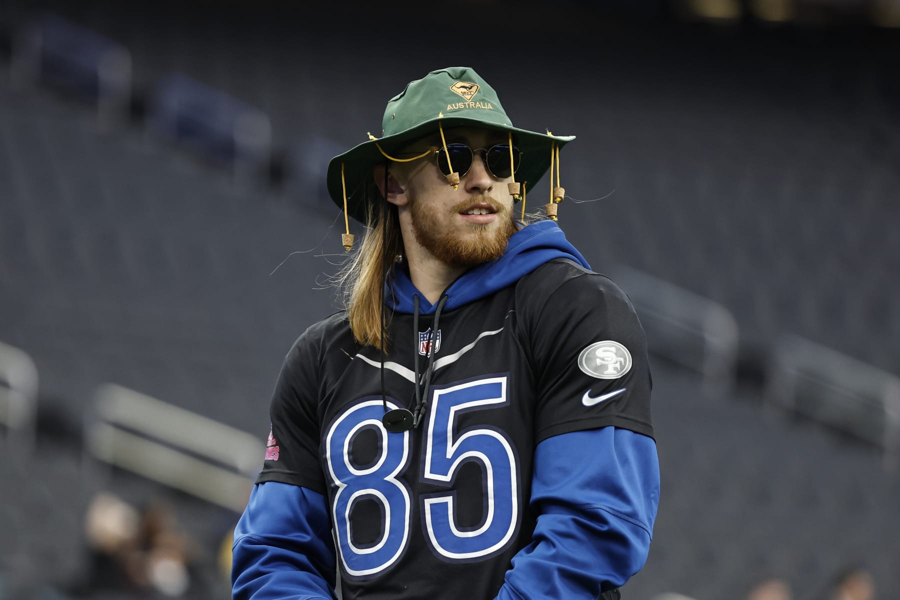 LAS VEGAS, NEVADA - FEBRUARY 04: NFC tight end George Kittle #85 of the San Francisco 49ers looks on during a practice session prior to an NFL Pro Bowl football game at Allegiant Stadium on February 04, 2023 in Las Vegas, Nevada. (Photo by Michael Owens/Getty Images)