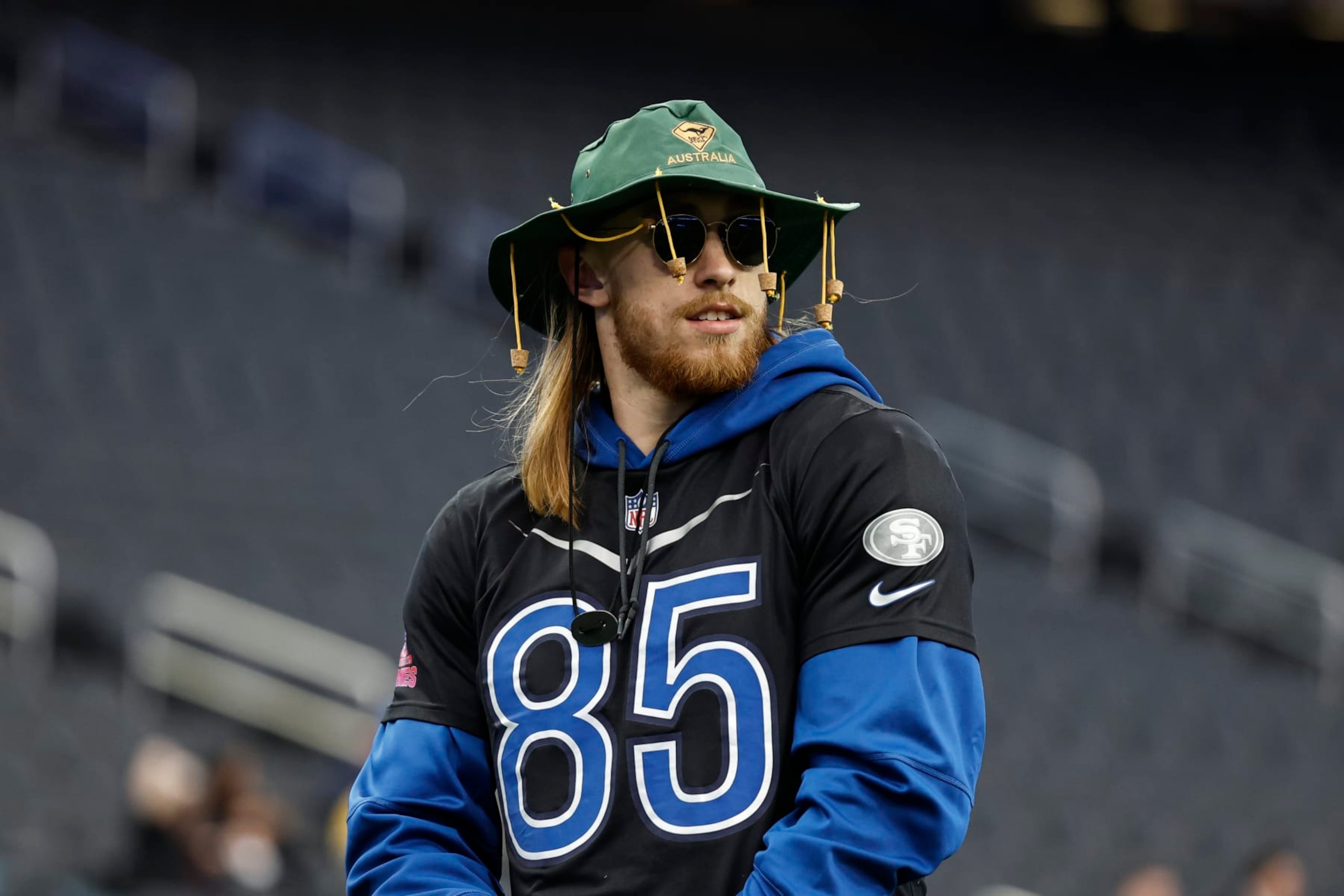 LAS VEGAS, NEVADA - FEBRUARY 04: NFC tight end George Kittle #85 of the San Francisco 49ers looks on during a practice session prior to an NFL Pro Bowl football game at Allegiant Stadium on February 04, 2023 in Las Vegas, Nevada. (Photo by Michael Owens/Getty Images)