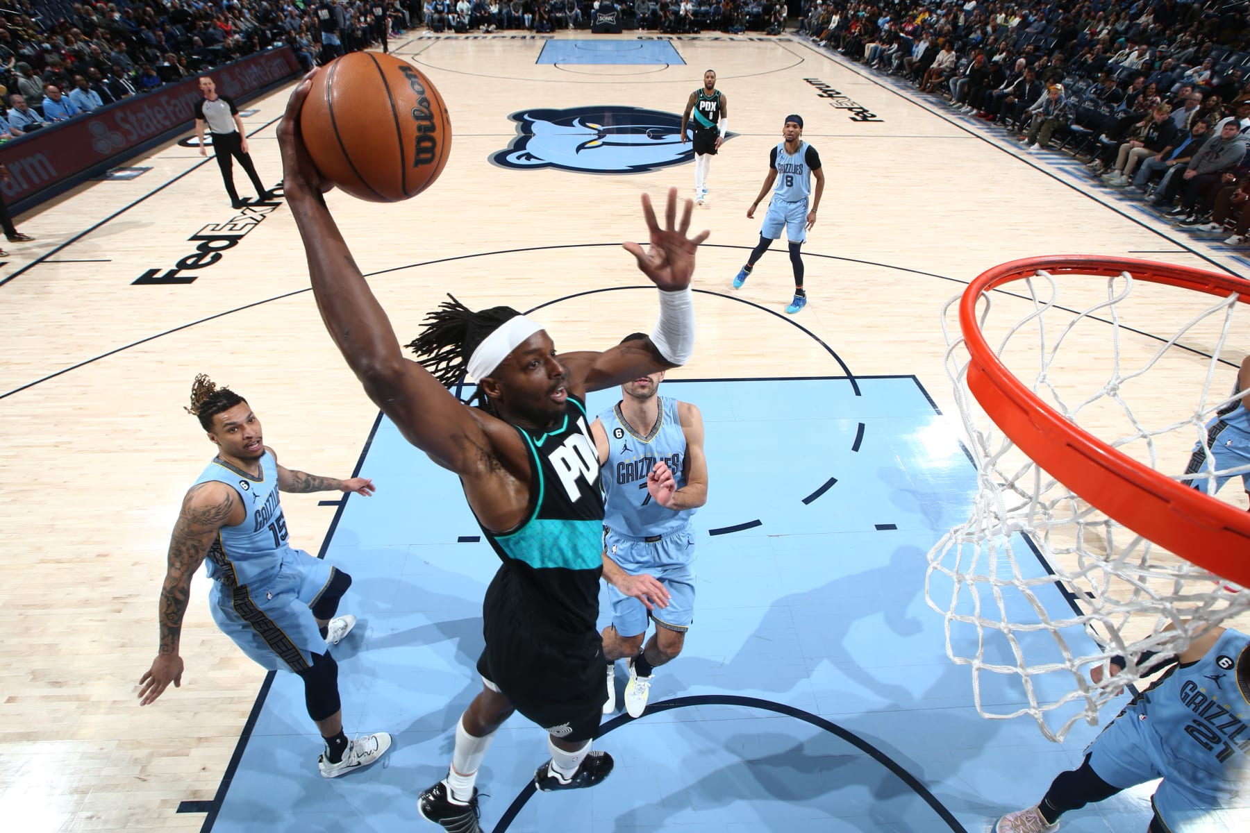 MEMPHIS, TN - FEBRUARY 1: Jerami Grant #9 of the Portland Trail Blazers drives to the basket during the game against the Memphis Grizzlies on February 1, 2023 at FedExForum in Memphis, Tennessee. NOTE TO USER: User expressly acknowledges and agrees that, by downloading and or using this photograph, User is consenting to the terms and conditions of the Getty Images License Agreement. Mandatory Copyright Notice: Copyright 2022 NBAE (Photo by Joe Murphy/NBAE via Getty Images)