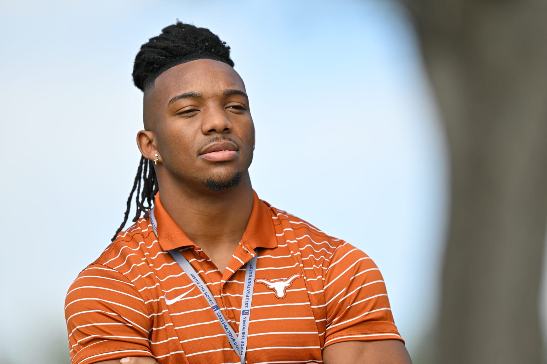 AUSTIN, TEXAS - MARCH 25: Texas Longhorns running back, Bijan Robinson, stands near the 12th tee box during the fourth day of the World Golf Championships-Dell Technologies Match Play at Austin Country Club on March 25, 2023 in Austin, Texas. (Photo by Ben Jared/PGA TOUR via Getty Images)