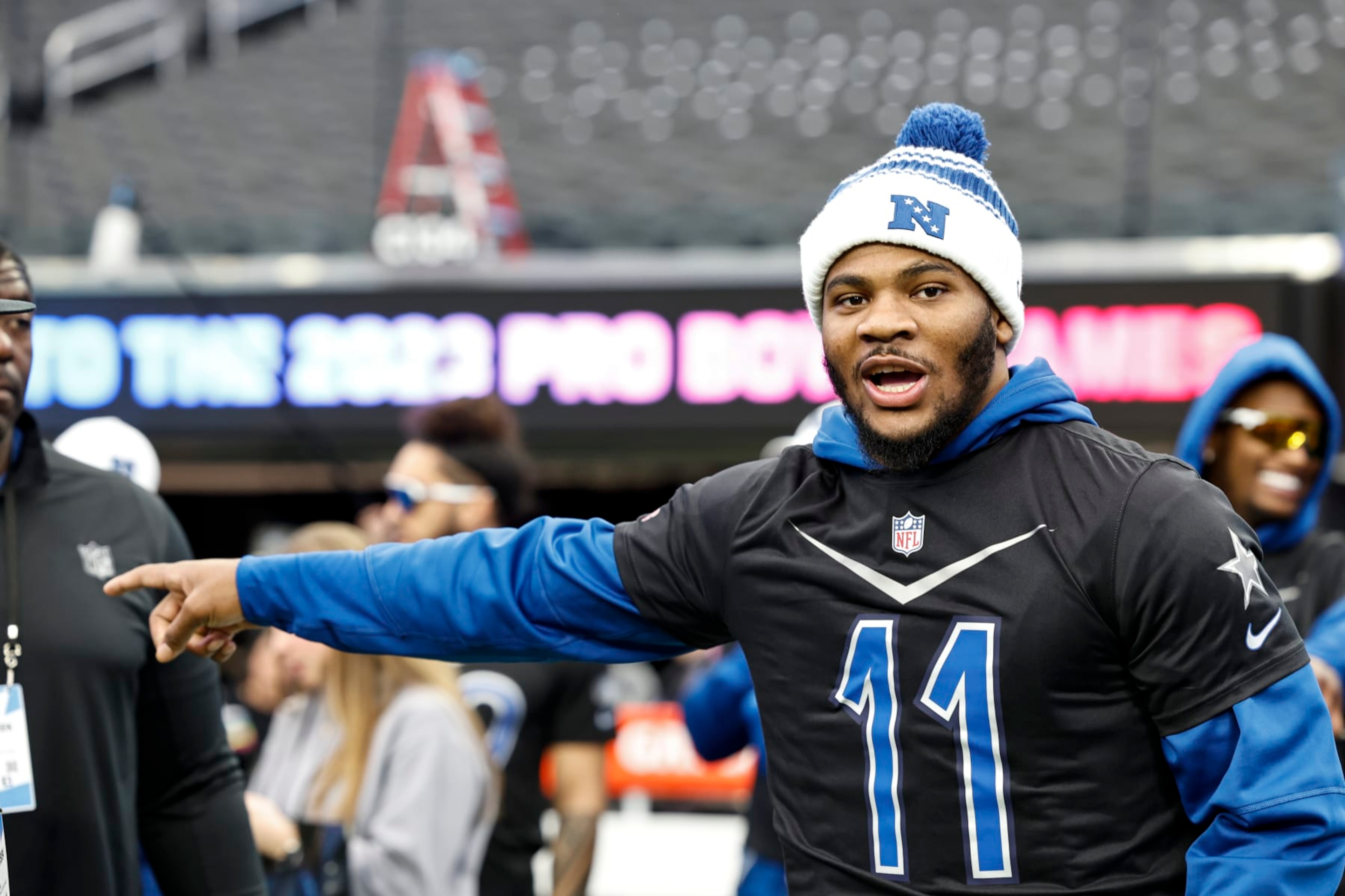 LAS VEGAS, NEVADA - FEBRUARY 04: NFC outside linebacker Micah Parsons #11 of the Dallas Cowboys reacts during a practice session prior to an NFL Pro Bowl football game at Allegiant Stadium on February 04, 2023 in Las Vegas, Nevada. (Photo by Michael Owens/Getty Images)