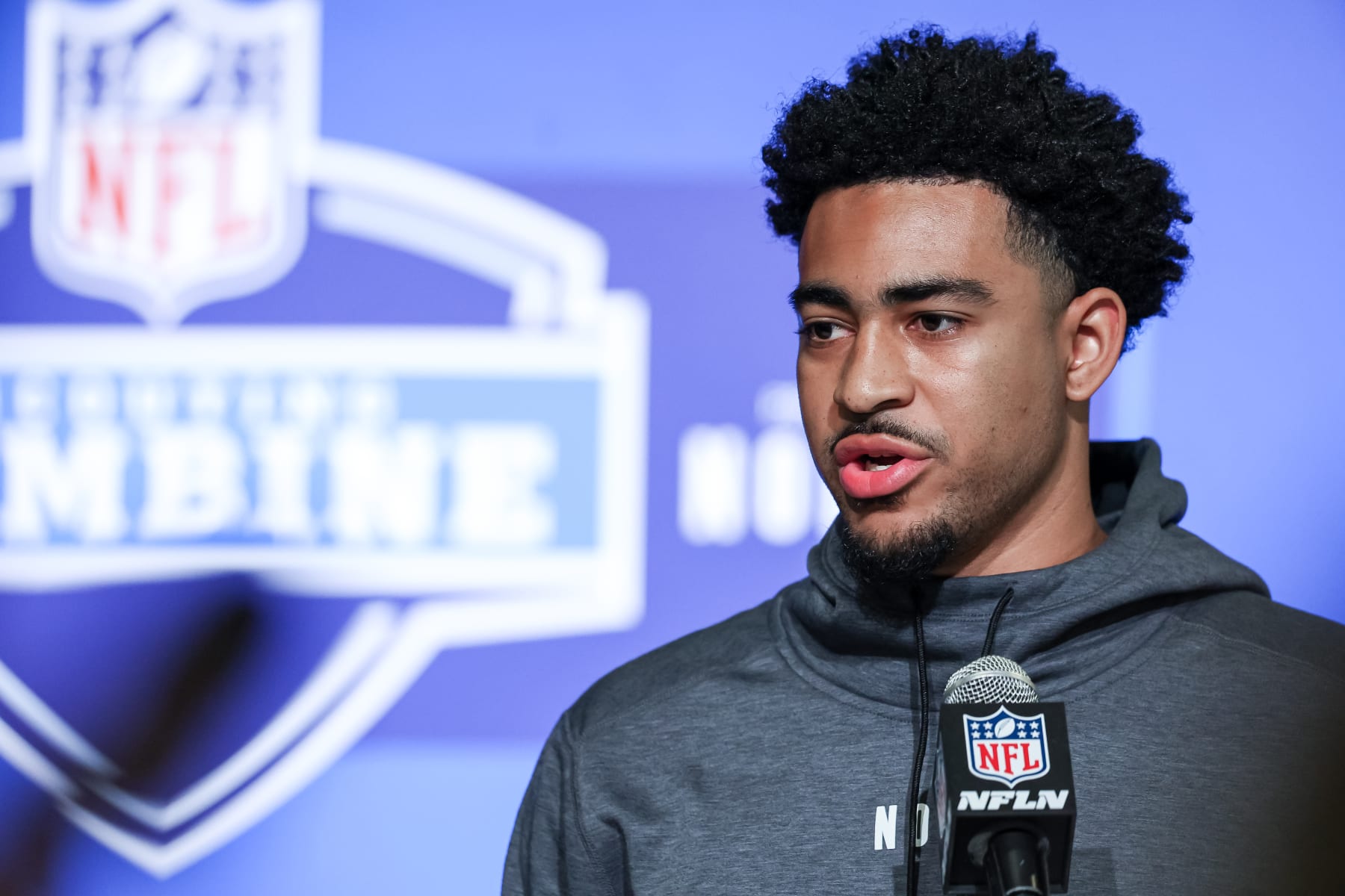 INDIANAPOLIS, IN - MARCH 03: Quarterback Bryce Young of Alabama speaks to the media during the NFL Combine at Lucas Oil Stadium on March 3, 2023 in Indianapolis, Indiana. (Photo by Michael Hickey/Getty Images)