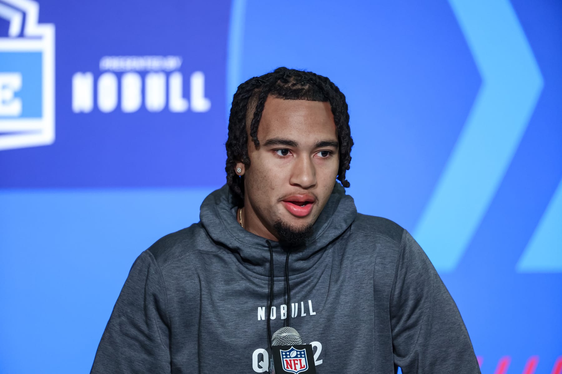 INDIANAPOLIS, IN - MARCH 03: Quarterback CJ Stroud of Ohio State speaks to the media during the NFL Combine at Lucas Oil Stadium on March 3, 2023 in Indianapolis, Indiana. (Photo by Michael Hickey/Getty Images)