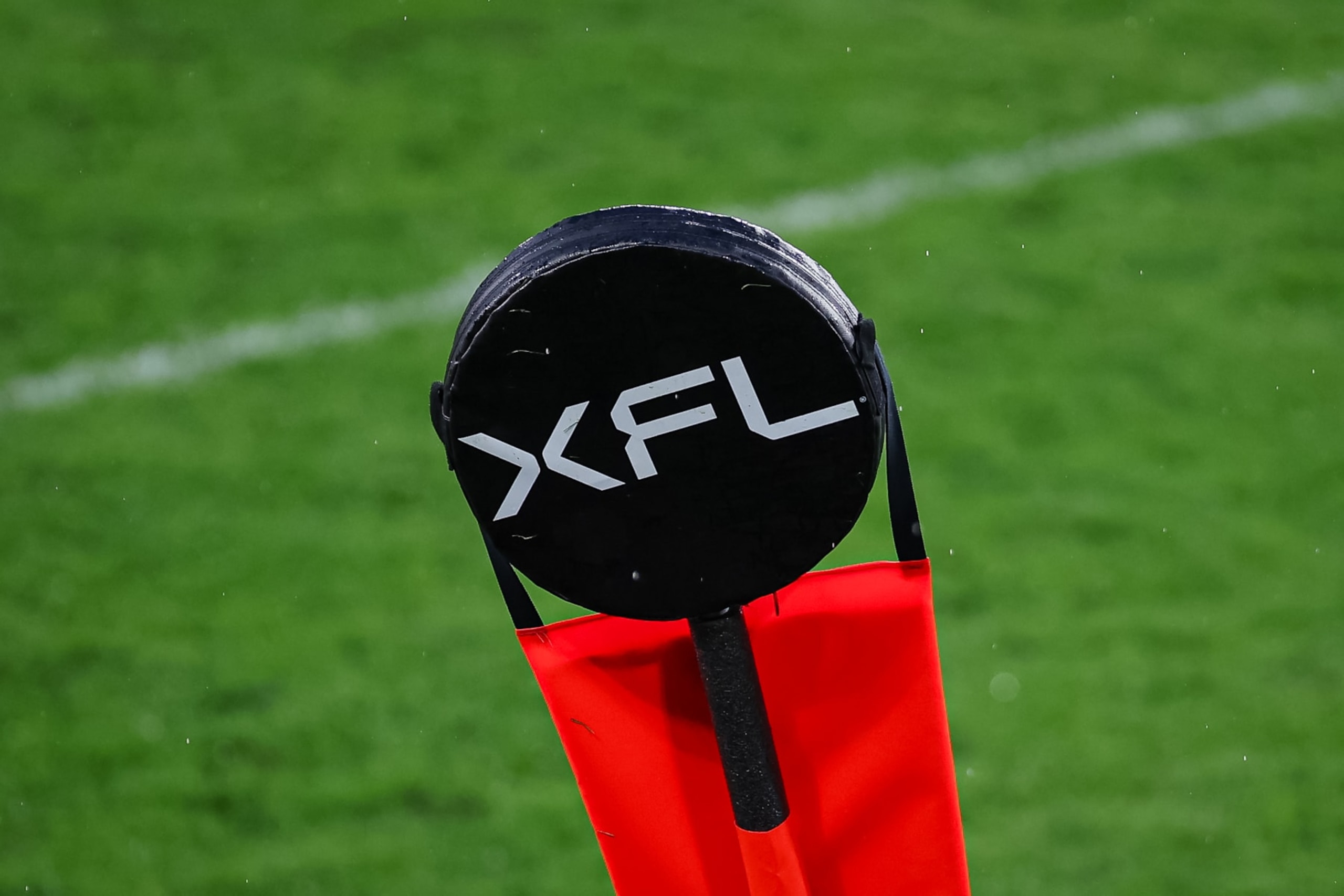 WASHINGTON, DC - MARCH 12: A general view of the XFL logo on a sideline marker during the first half of the game between the DC Defenders and the Vegas Vipers at Audi Field on March 12, 2023 in Washington, DC. (Photo by Scott Taetsch/Getty Images)