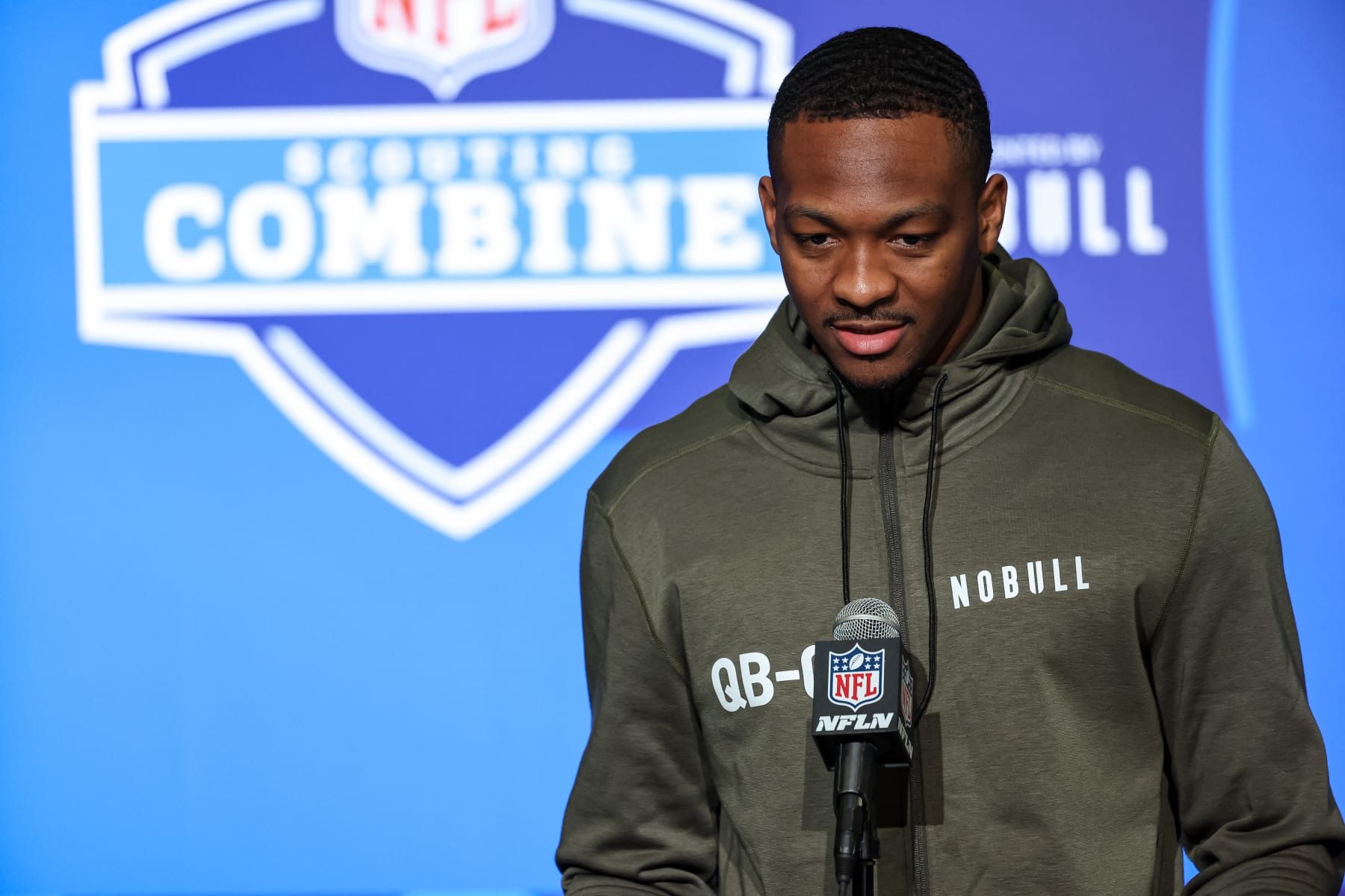 INDIANAPOLIS, IN - MARCH 03: Quarterback Hendon Hooker of Tennessee speaks to the media during the NFL Combine at Lucas Oil Stadium on March 3, 2023 in Indianapolis, Indiana. (Photo by Michael Hickey/Getty Images)