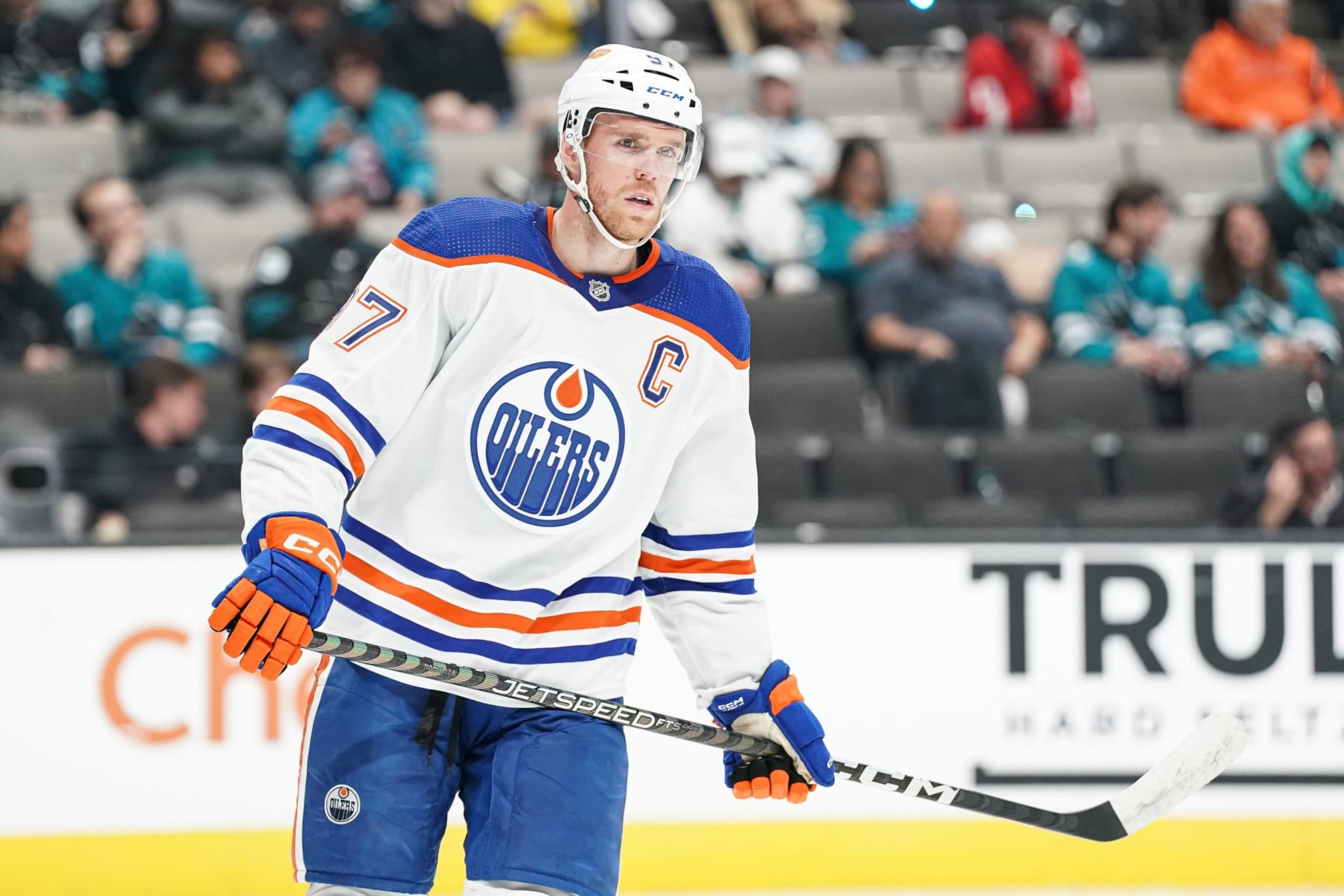 SAN JOSE, CA - APRIL 8: Connor McDavid #97 of the Edmonton Oilers skates between plays in the third period against the San Jose Sharks at SAP Center on April 8, 2023 in San Jose, California. (Photo by Kavin Mistry/NHLI via Getty Images)