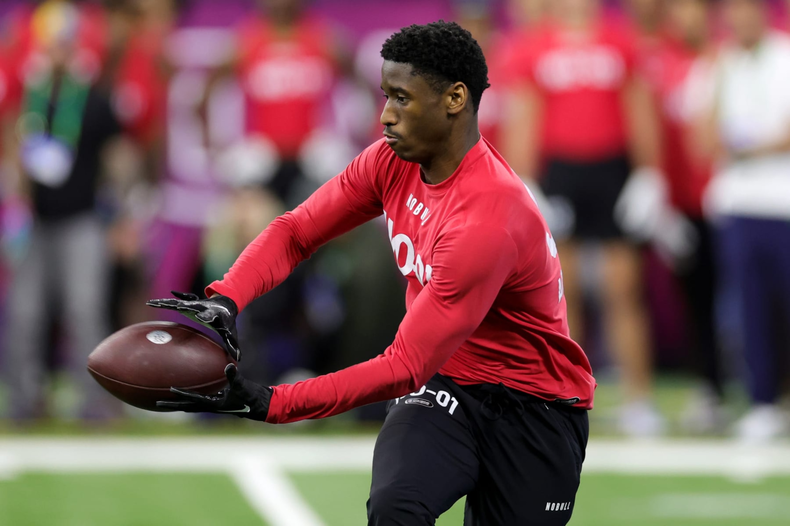 INDIANAPOLIS, INDIANA - MARCH 04: Wide receiver Jordan Addison of Southern California participates in a drill during the NFL Combine at Lucas Oil Stadium on March 04, 2023 in Indianapolis, Indiana. (Photo by Stacy Revere/Getty Images)